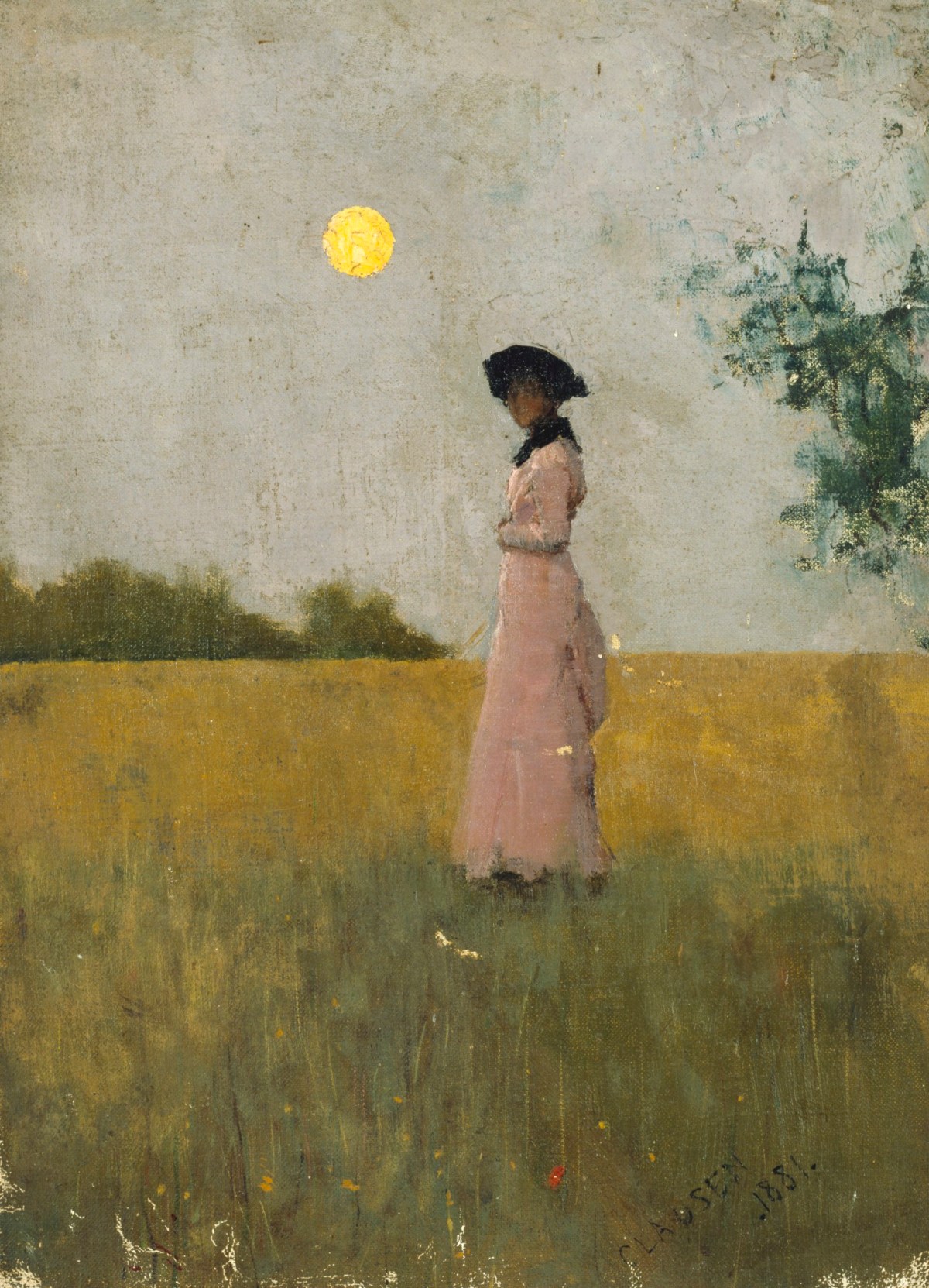 Sir George Clausen RA, View of a Lady in Pink standing in a Cornfield