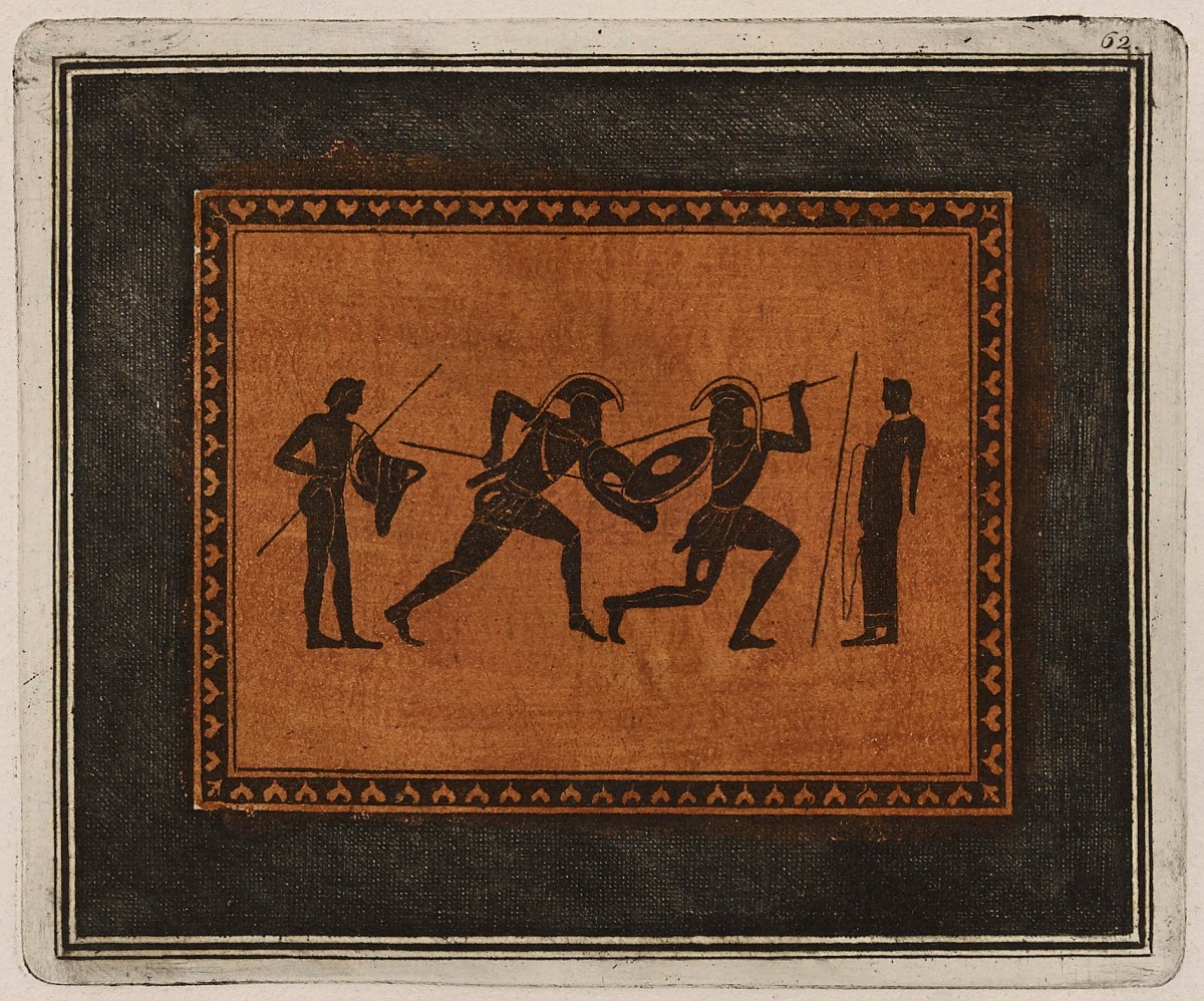 Sir William Hamilton, Colour plate of two warriors fighting in front of two youths, from attic black figured lekythos