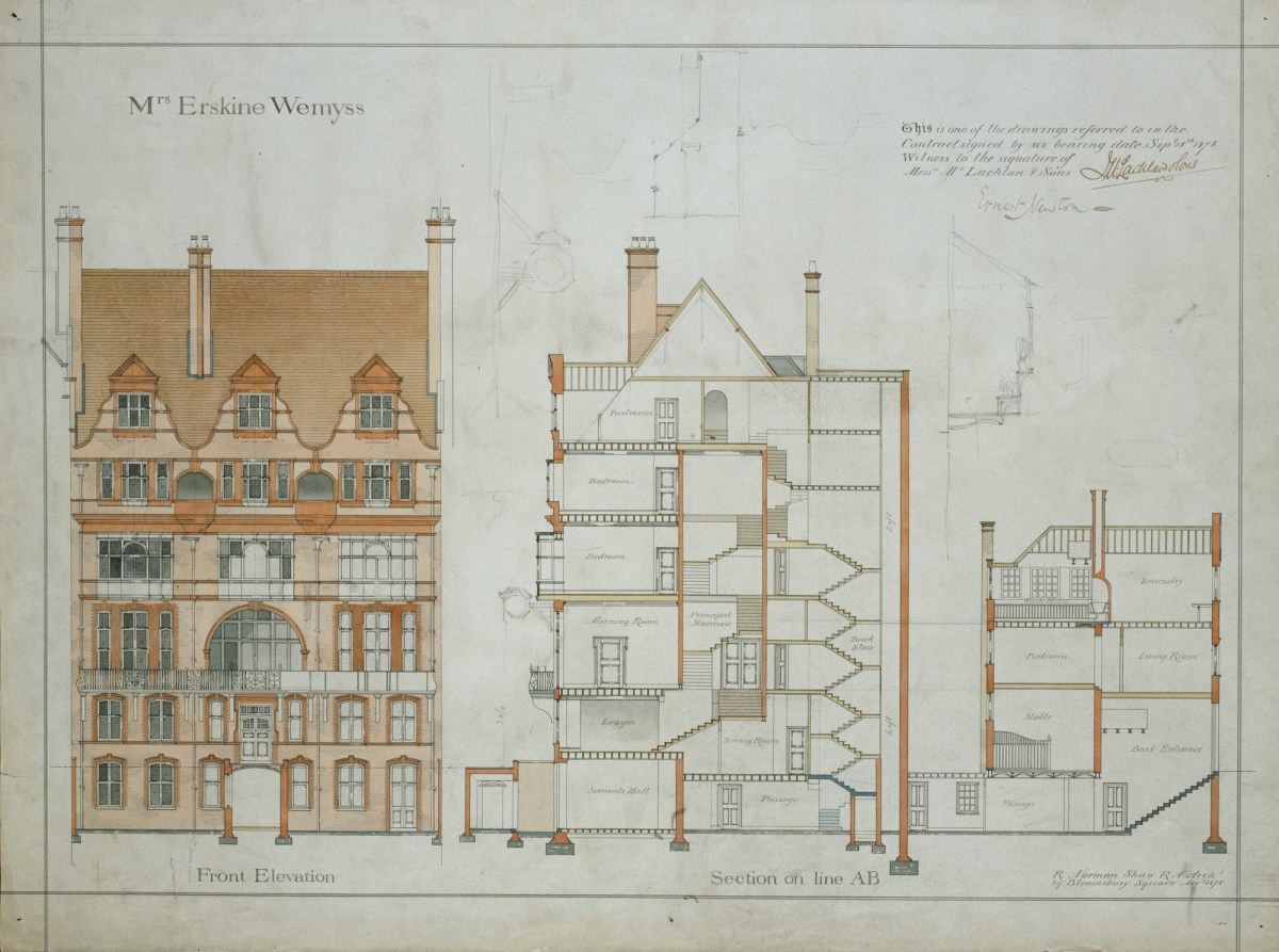Richard Norman Shaw RA, Design for Clock House, No.8 Chelsea Embankment, London SW3: contract drawing of front elevation and section