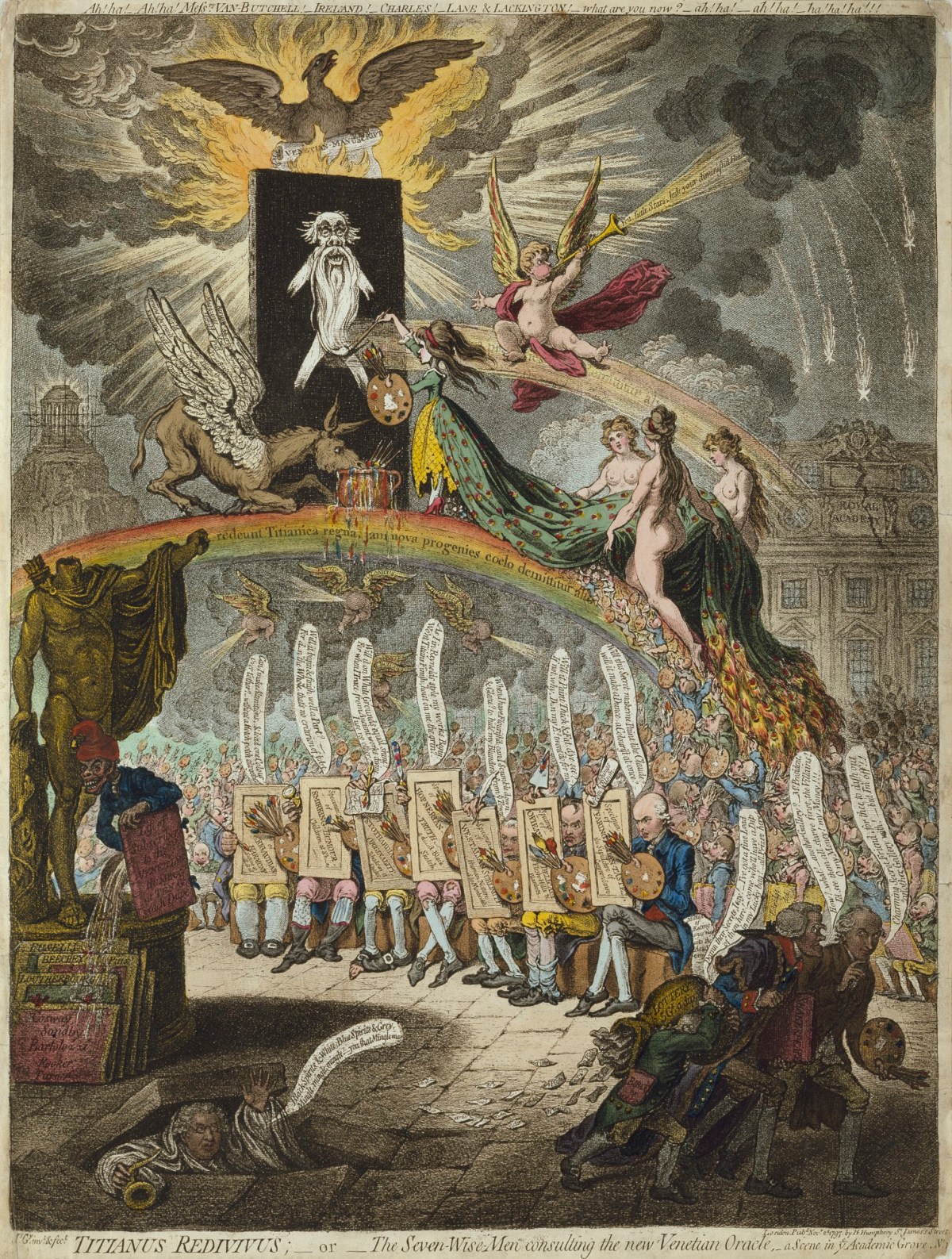James Gillray, Titianus Redivivus; - or - The-Seven-Wise-Men consulting the New Venetian Oracle, - A Scene in ye Academic Grove, No. 1