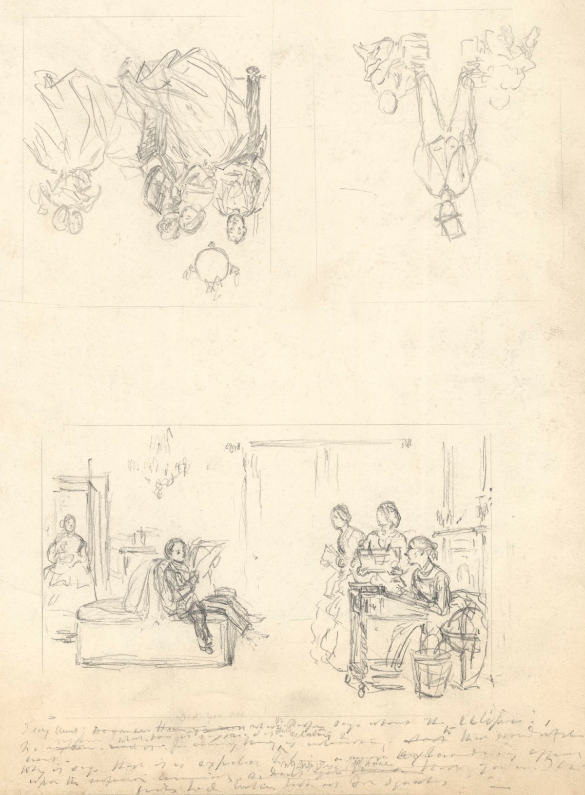 John Leech, Three sketches for cartoons (recto) and two sketches for cartoons (verso)