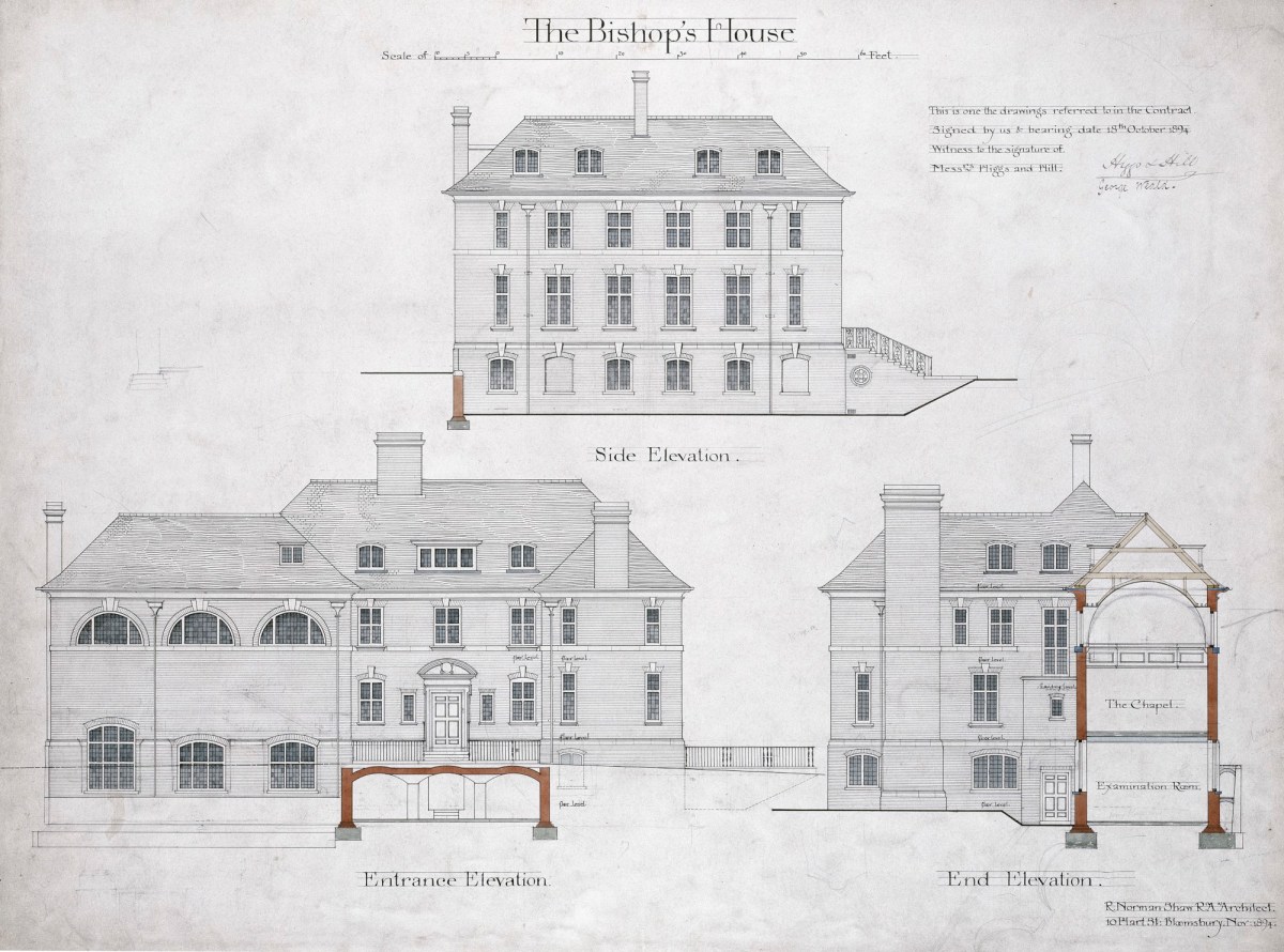 Richard Norman Shaw RA, Design for the Bishop's House, 5 Kennington Park Place, London: contract drawing for entrance front, side and end elevations