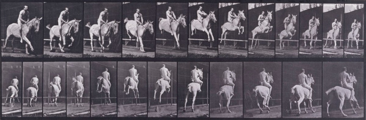 Eadweard Muybridge, Jumping a hurdle; bareback; rider, 105, nude; gray mare Pandora