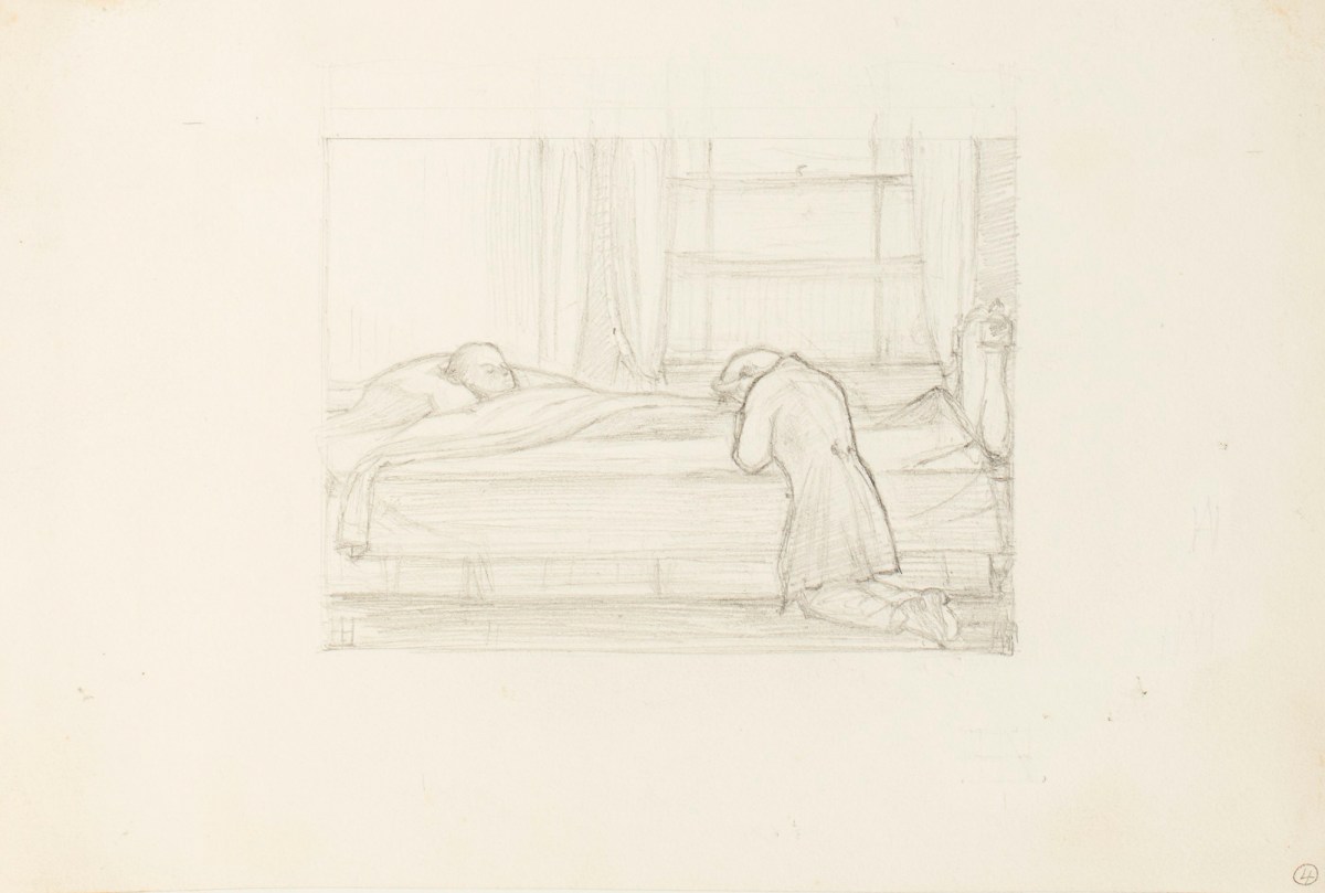 Henry Hugh Armstead RA, Study of a scene with a figure in bed and another kneeling beside it