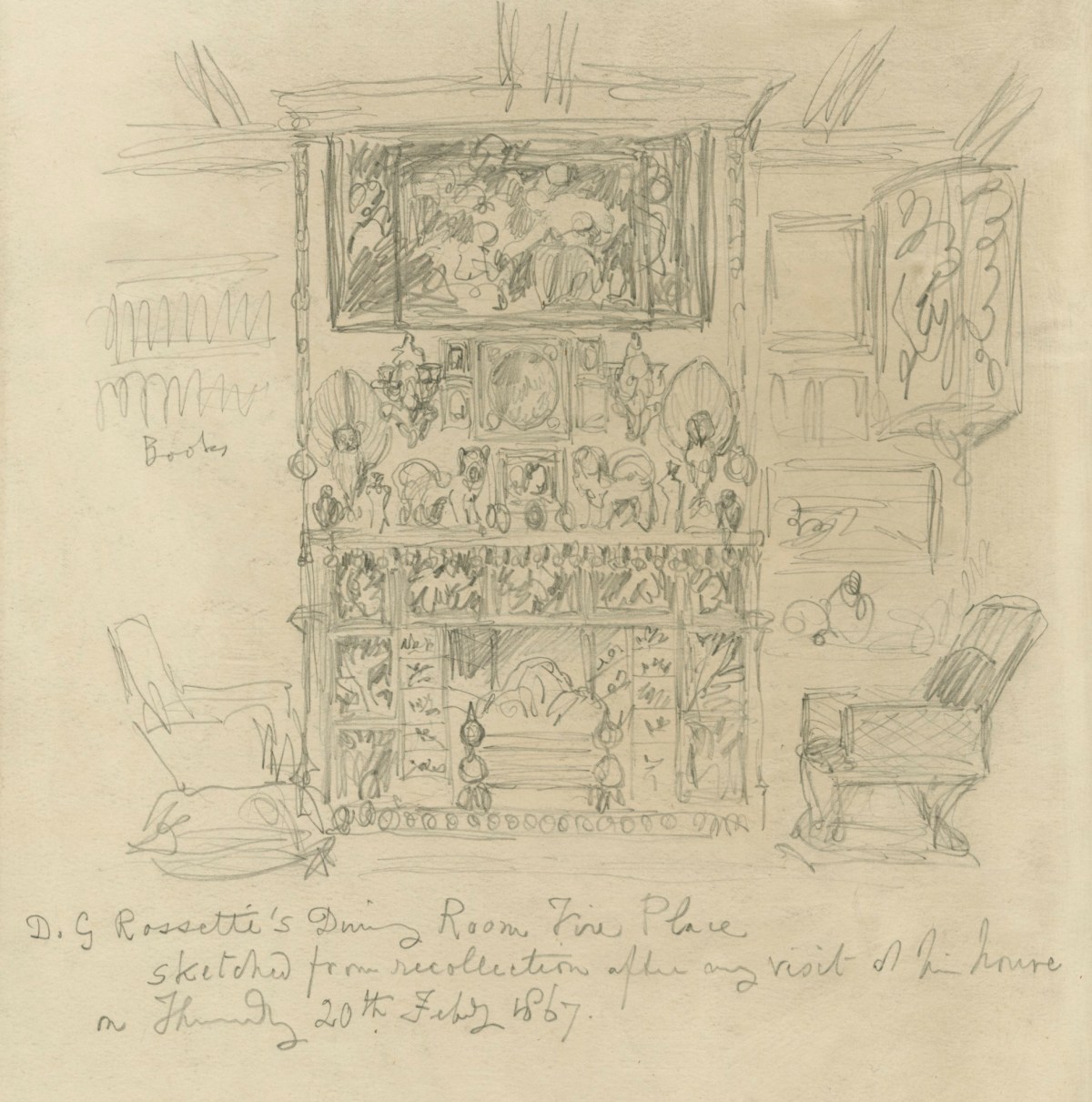 Sir John Gilbert RA, Leaf from a sketchbook with a drawing of the interior of D. G. Rossetti's Dining Room