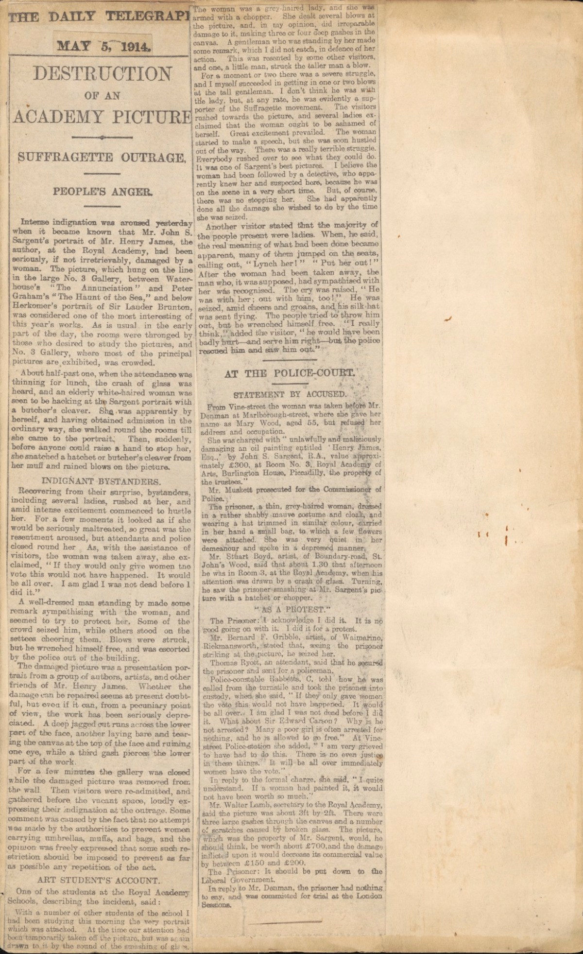 , Coverage resulting from a suffragette action