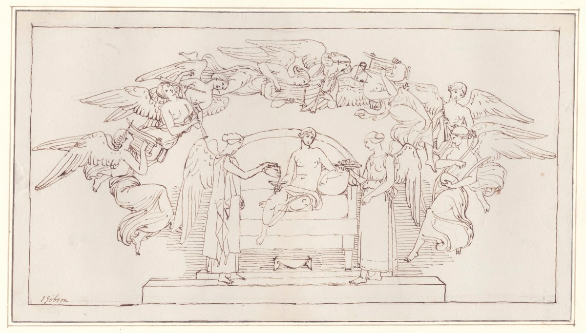 John Gibson RA, Mythological scene with winged female figures playing musical instruments