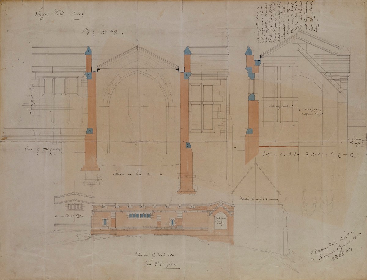Richard Norman Shaw RA, Design for covered walk, Leyswood, Groombridge, Sussex: elevation and sections