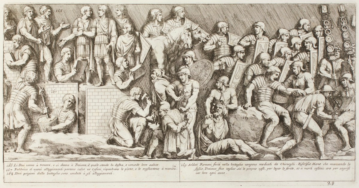 Pietro Santi Bartoli, Plate 29: Dacian soldiers being received by Trajan, Roman soldiers are consolidating walls, doctors are giving assistance