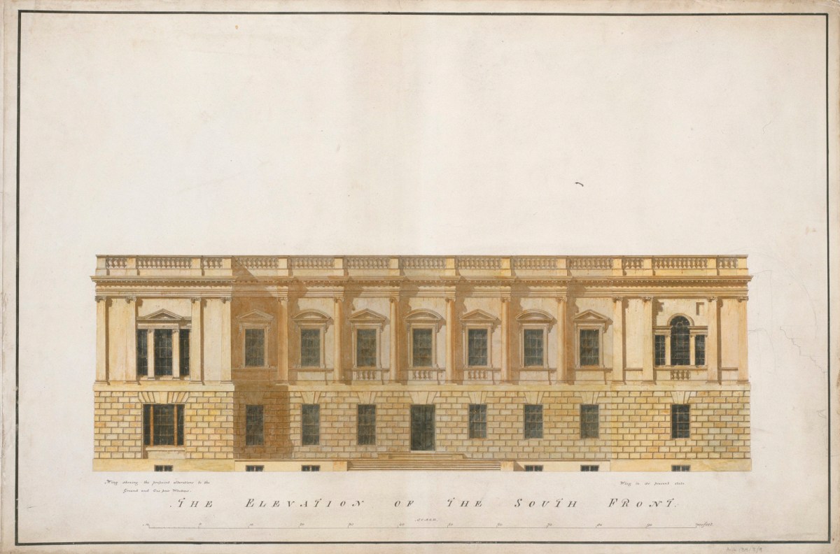 Samuel Ware, Survey and design drawing for Burlington House, Piccadilly, Westminster, London: elevation of south front and added sketch profile of a cornice