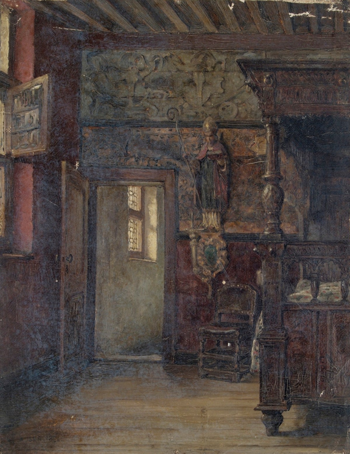 Sir George Clausen RA, Study of a Flemish interior with a statue of a bishop