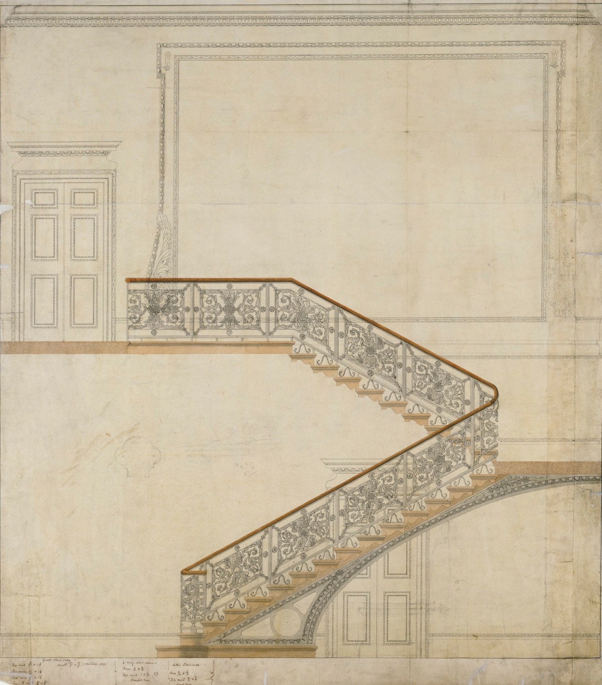 Samuel Ware, Design, as executed, for the great staircase, Burlington House, Piccadilly, Westminster, London: elevation looking west with sketch of section of handrail added