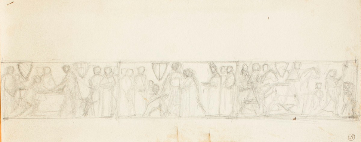 Henry Hugh Armstead RA, A compositional sketch for three sections of the 'History of the Shirleys' reliefs