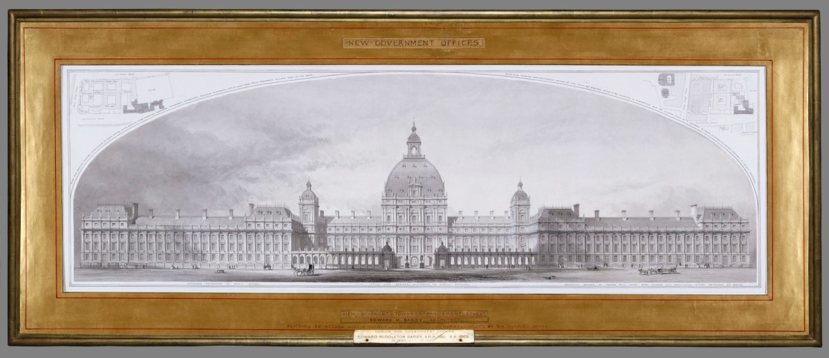 Unknown, Frame for E.M. Barry RA 'Design for Government Offices, Whitehall, Westminster, London: perspective with two block plans inset'