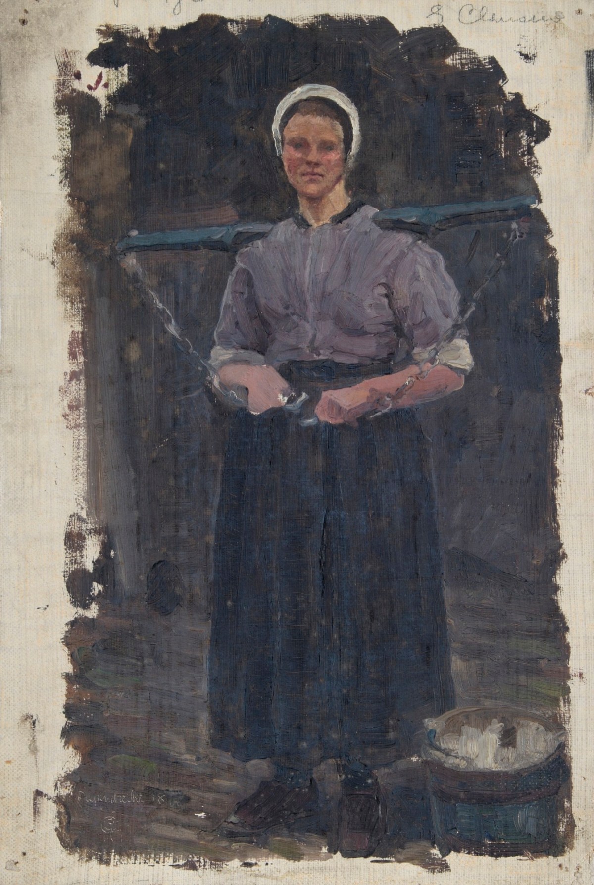 Sir George Clausen RA, Study of a woman carrying a yoke across her shoulders, Papendrecht, Holland