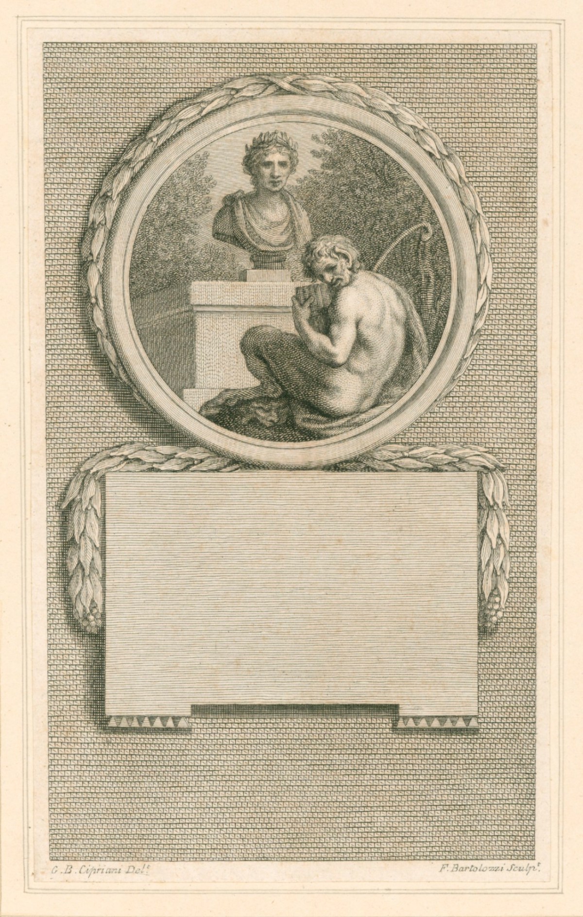 Francesco Bartolozzi RA, Satyr playing Pan's pipes beneath a bust of the poet Martial