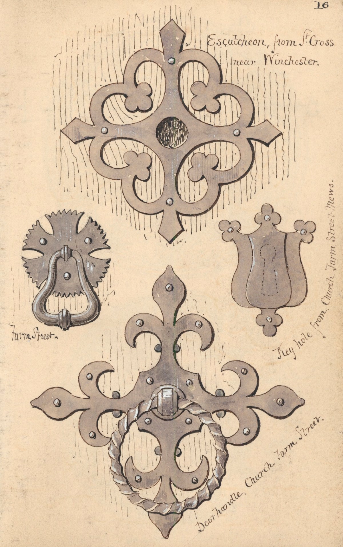 Richard Norman Shaw RA, Leaf from a sketchbook with drawings of ornamental metalwork
