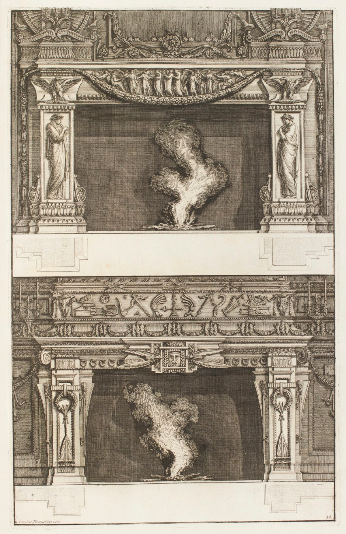 Giovanni Battista Piranesi, Designs for two chimneypieces: top featuring draped female figures on the jambs; bottom with oramental frieze