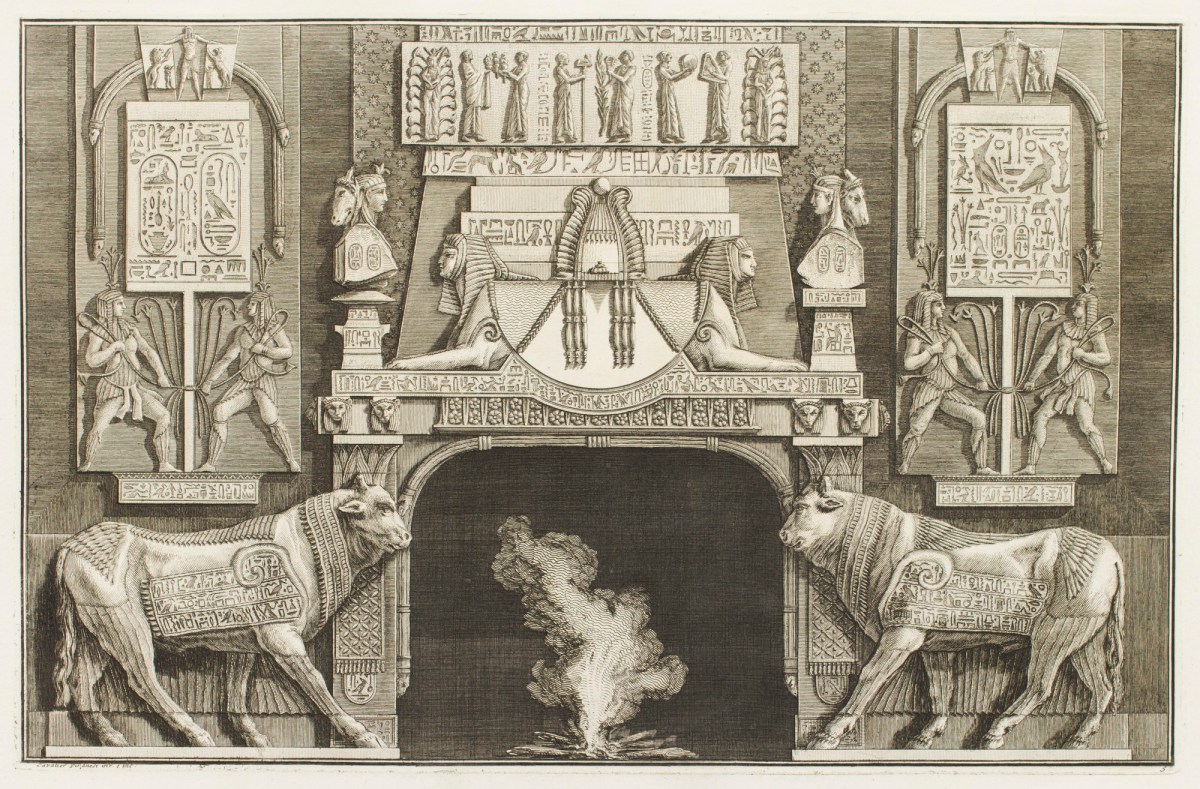 Giovanni Battista Piranesi, Design for chimneypiece with Egyptian design, sphinxes, hieroglyphs and bulls
