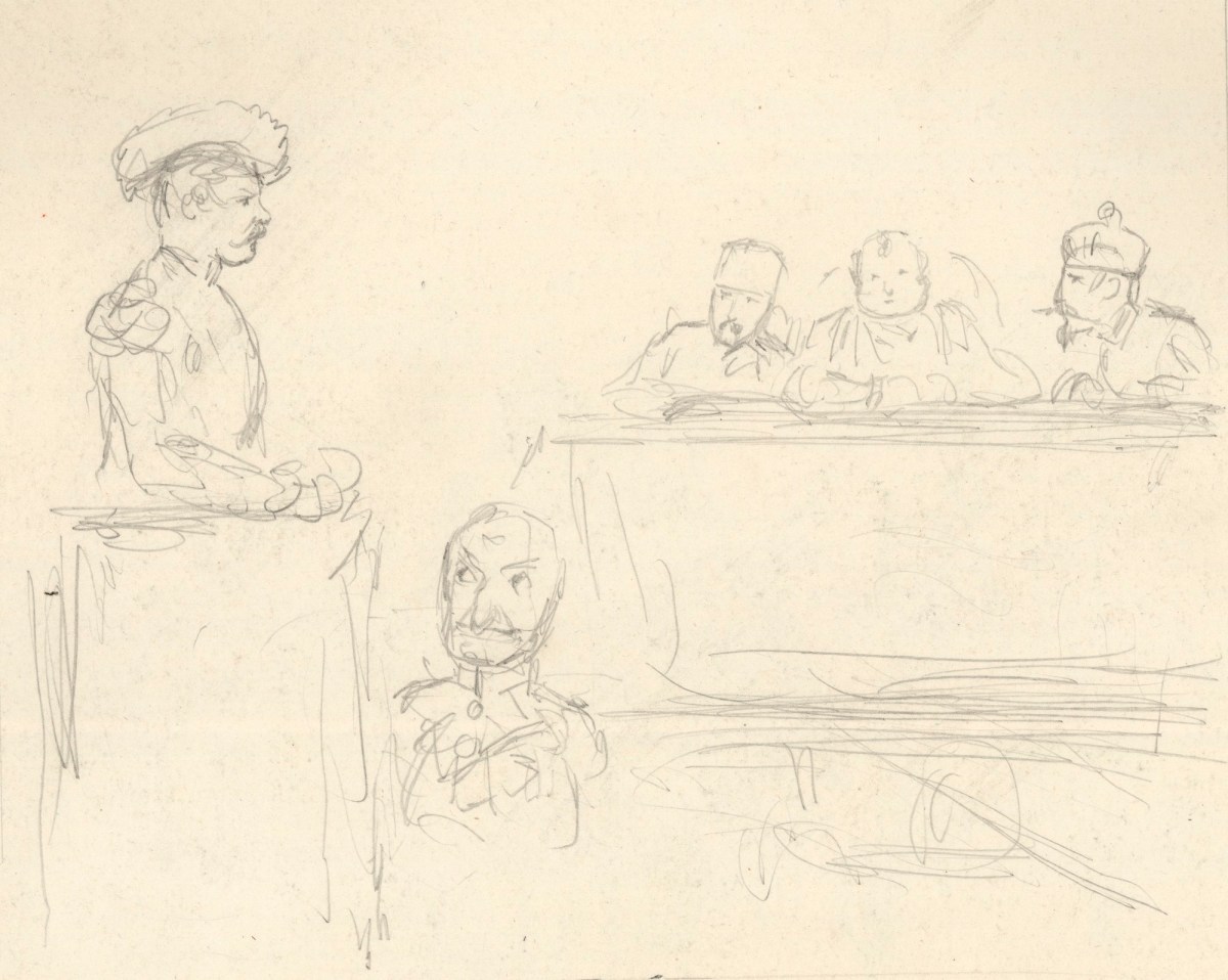 John Leech, Sketch of 'Mr Punch' as an artist in his studio (recto) and Sketch of 'Mr Punch' in a courtroom (verso)