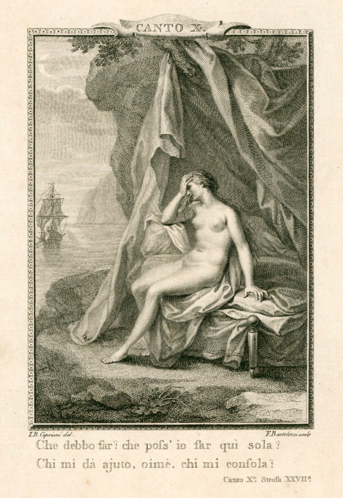 Francesco Bartolozzi RA, Olympia abandoned by her husband Bireno