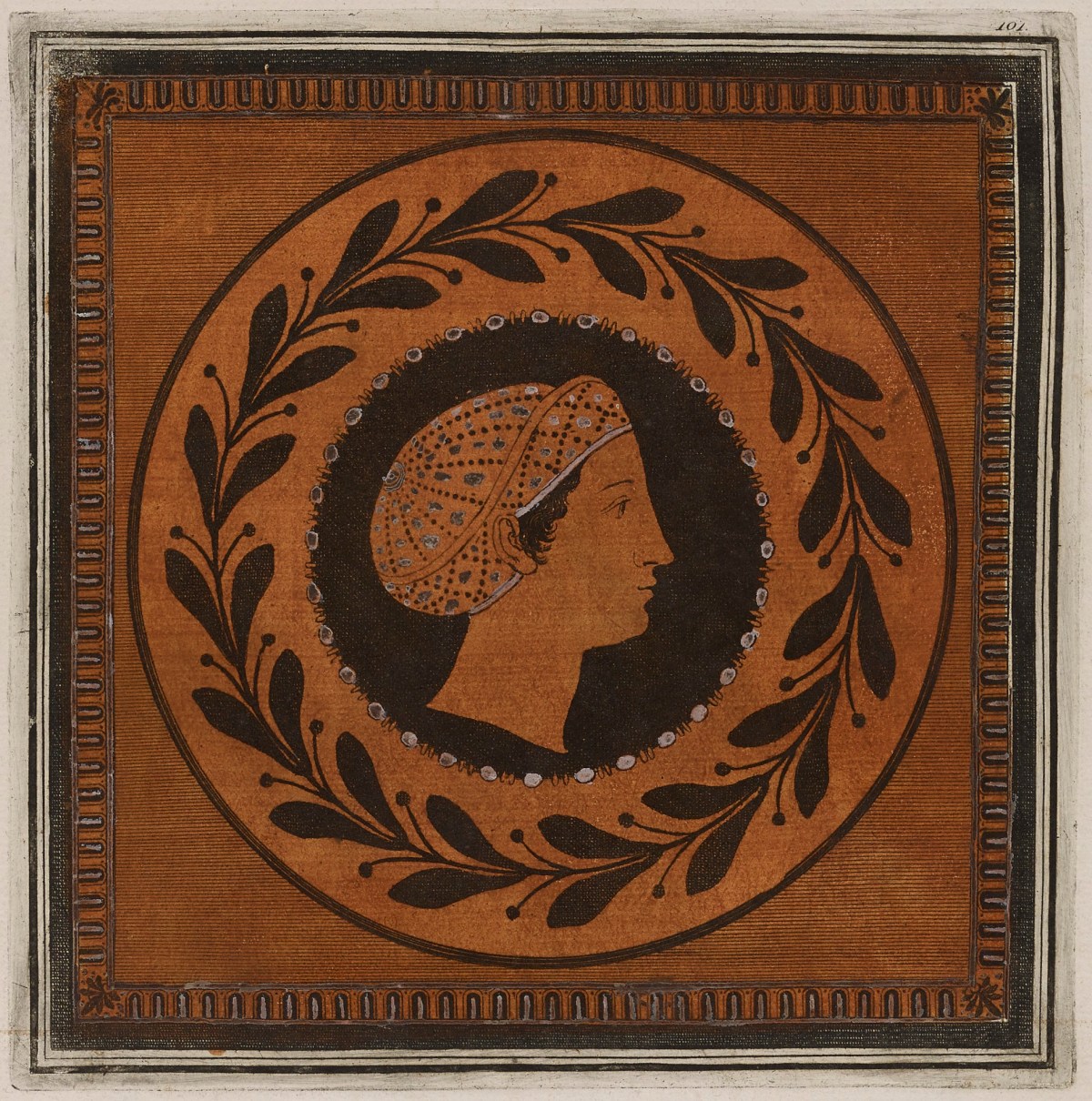 Sir William Hamilton, Colour plate of woman's head with cap, from a campanian hydria