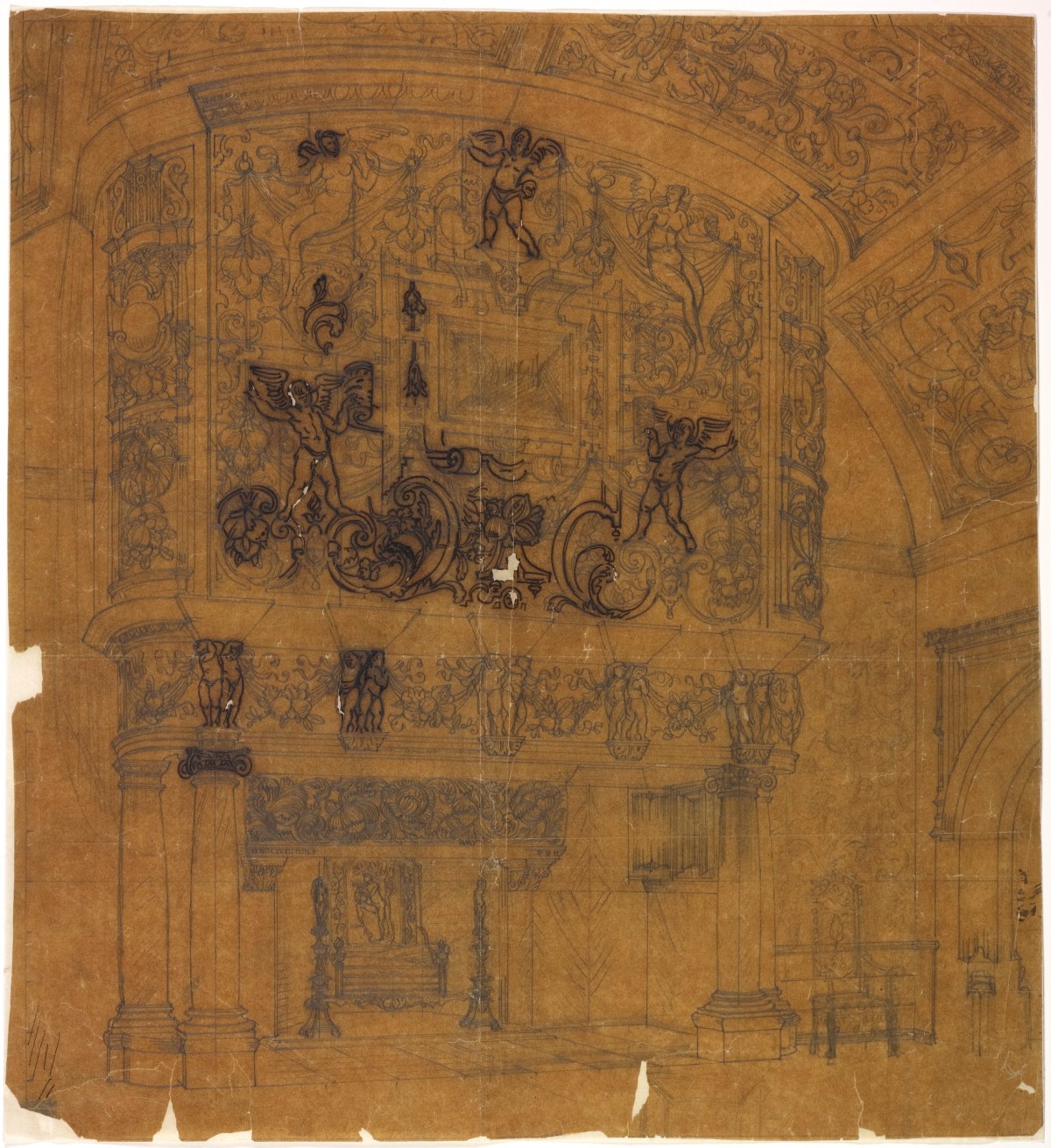 Richard Norman Shaw RA, Design for Cragside, Rothbury, Northumberland: sketch perspective of chimneypiece in drawing room