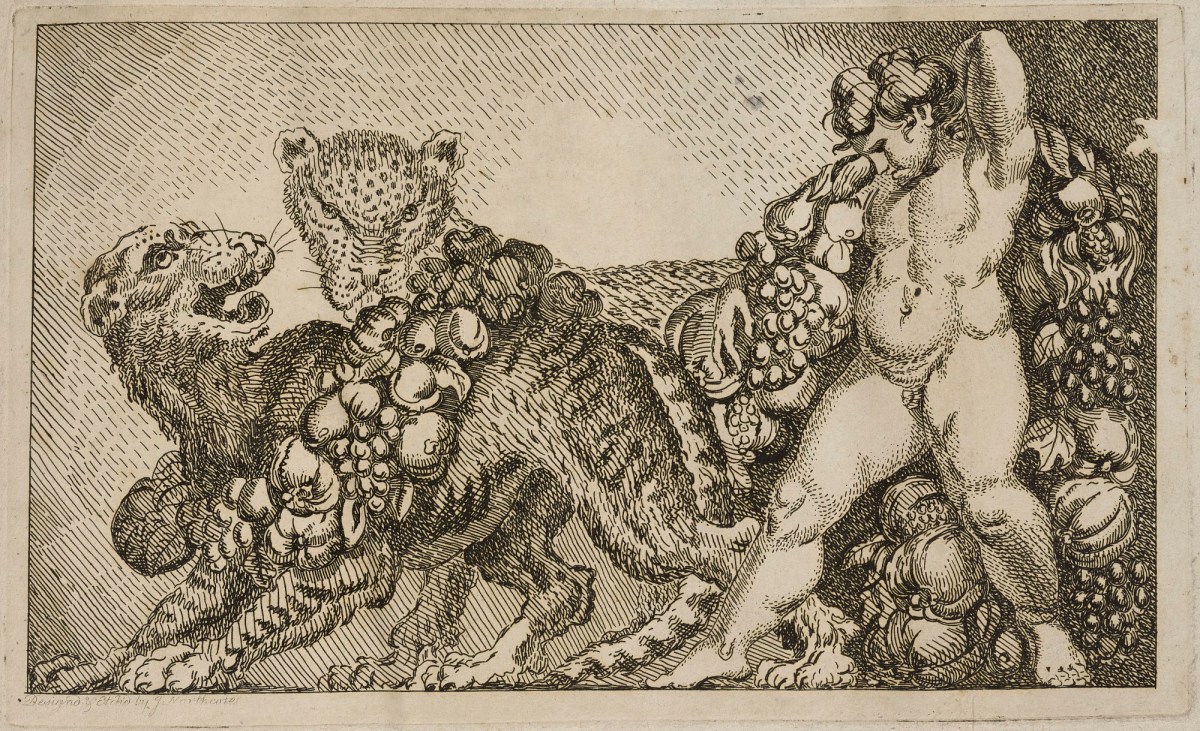 James Northcote RA, A putto carrying a string of fruit with two tigers