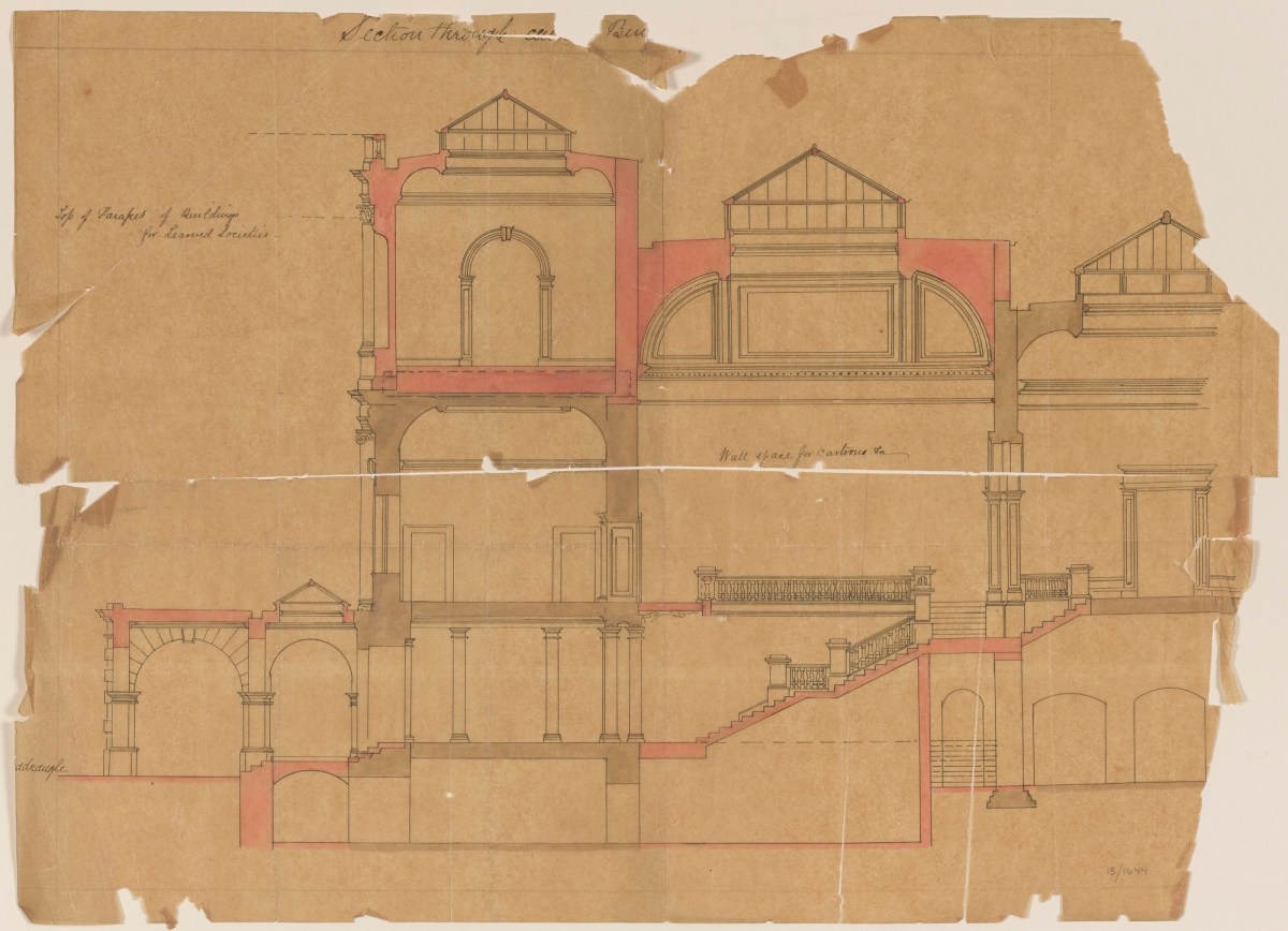 Sydney Smirke RA, Design for alterations and additions to Burlington House, Royal Academy of Arts, Piccadilly, London: section looking west