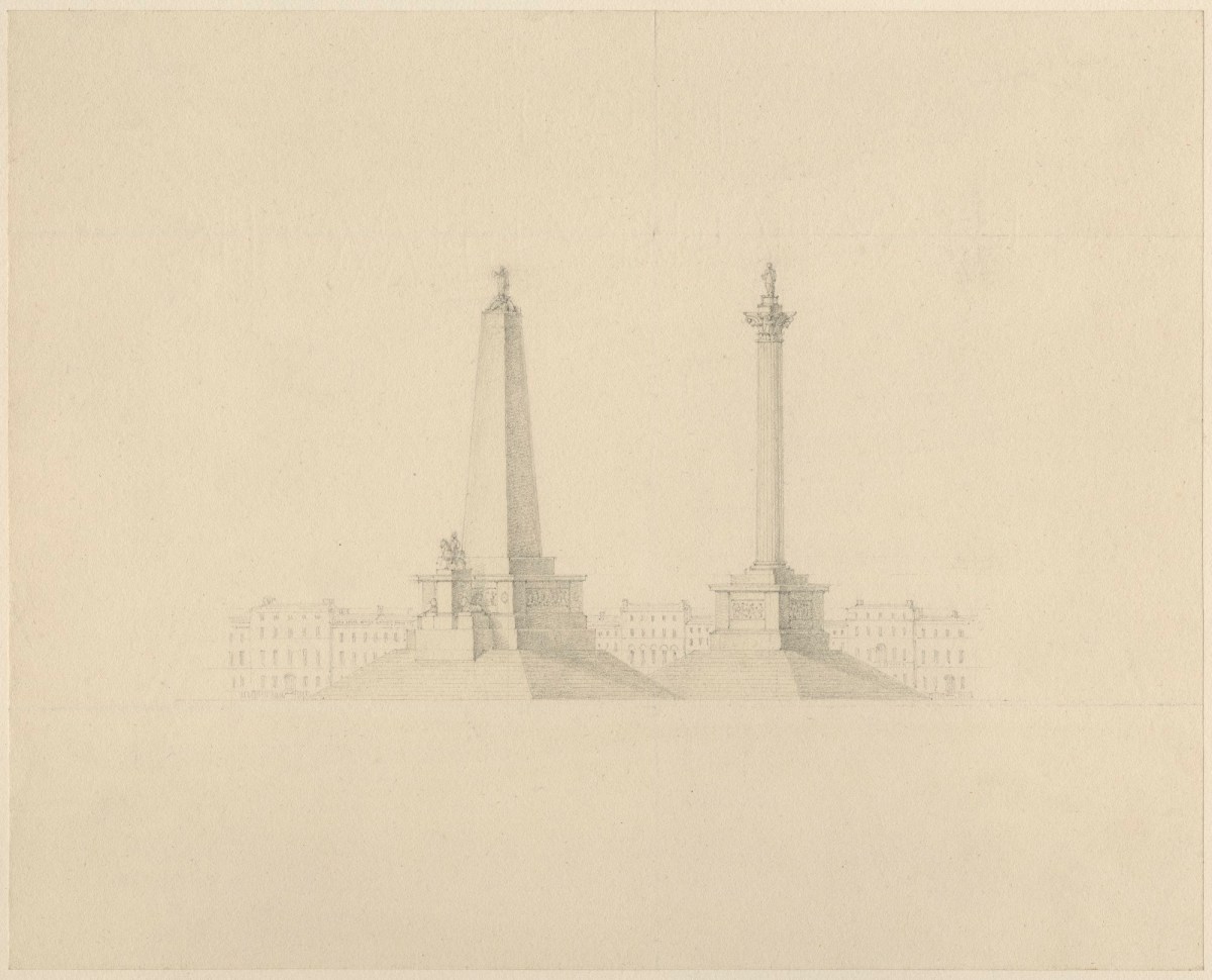 Unidentified British artist, Design for a column and an obelisk