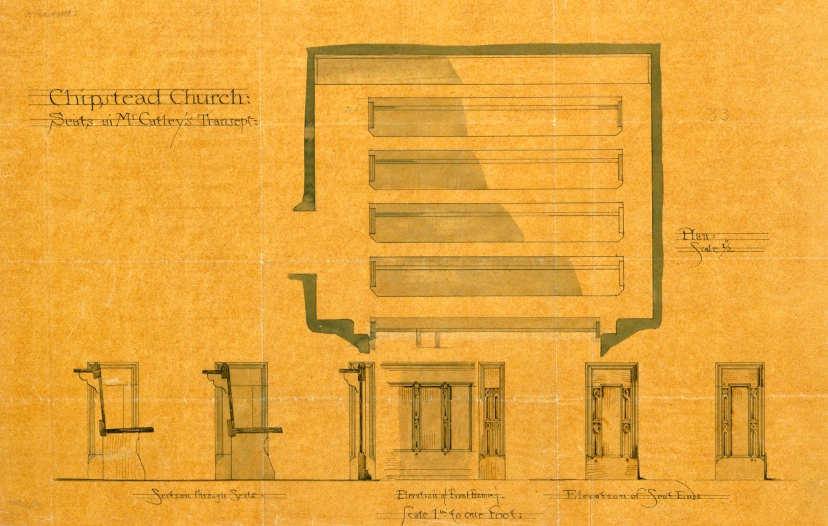 Richard Norman Shaw RA, Design for restoration of St Margaret's Church, Chipstead, Surrey: seats in Mr Catley's transept: plan, elevations and section