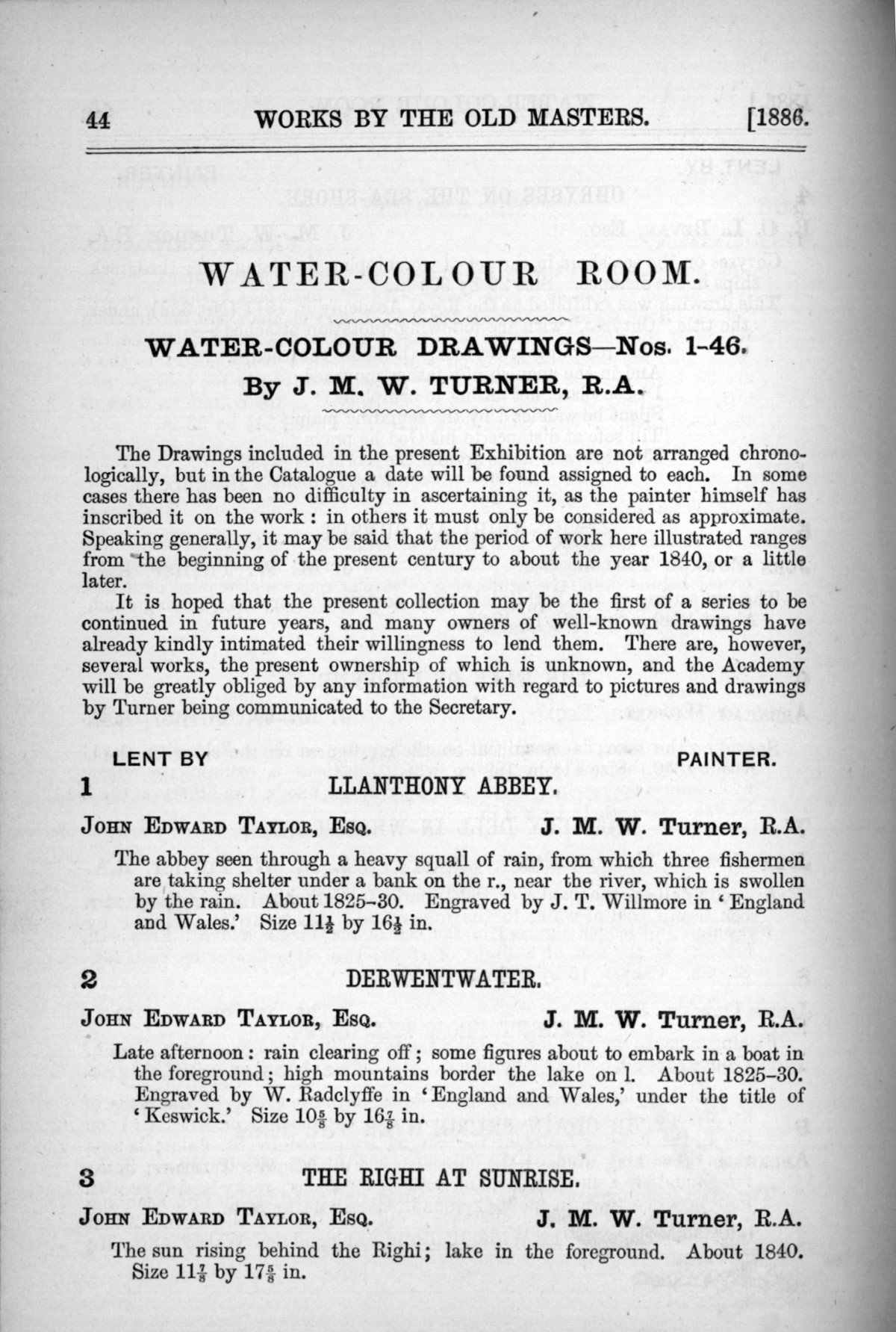 Page 44 of 1886 - Old Masters, deceased masters of the British School, Joseph Wright of Derby ARA and J.M.W. Turner RA