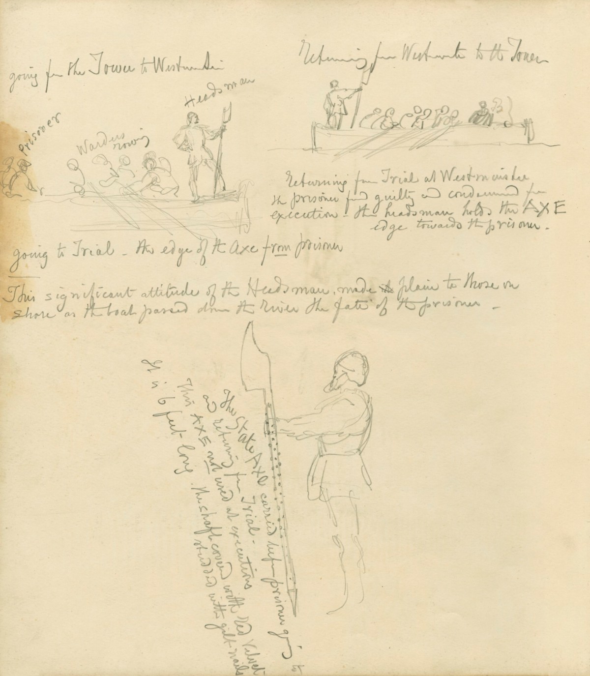 Sir John Gilbert RA, Sketches and notes relating to prisoners being taken from the Tower of London to Westminster and back again
