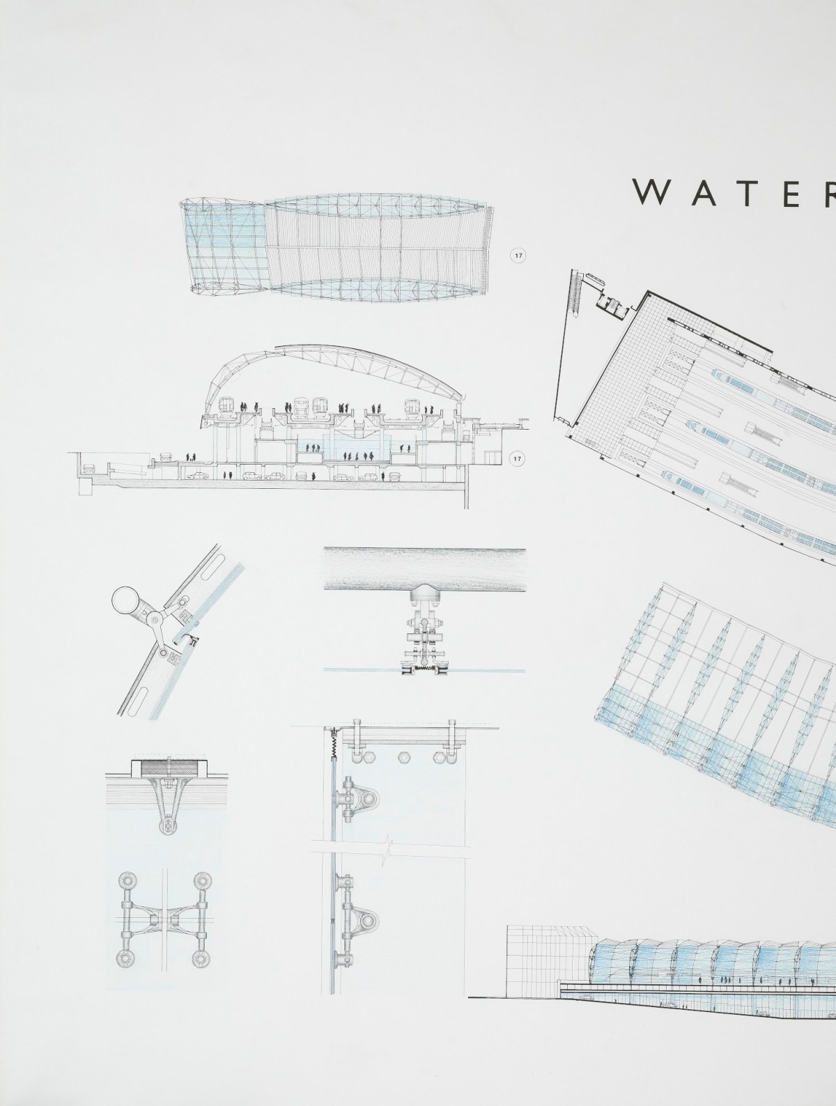 Sir Nicholas Grimshaw PPRA, Record drawing for Waterloo International Railway Terminal, Lambeth, London: plan at platform level, west elevation and details