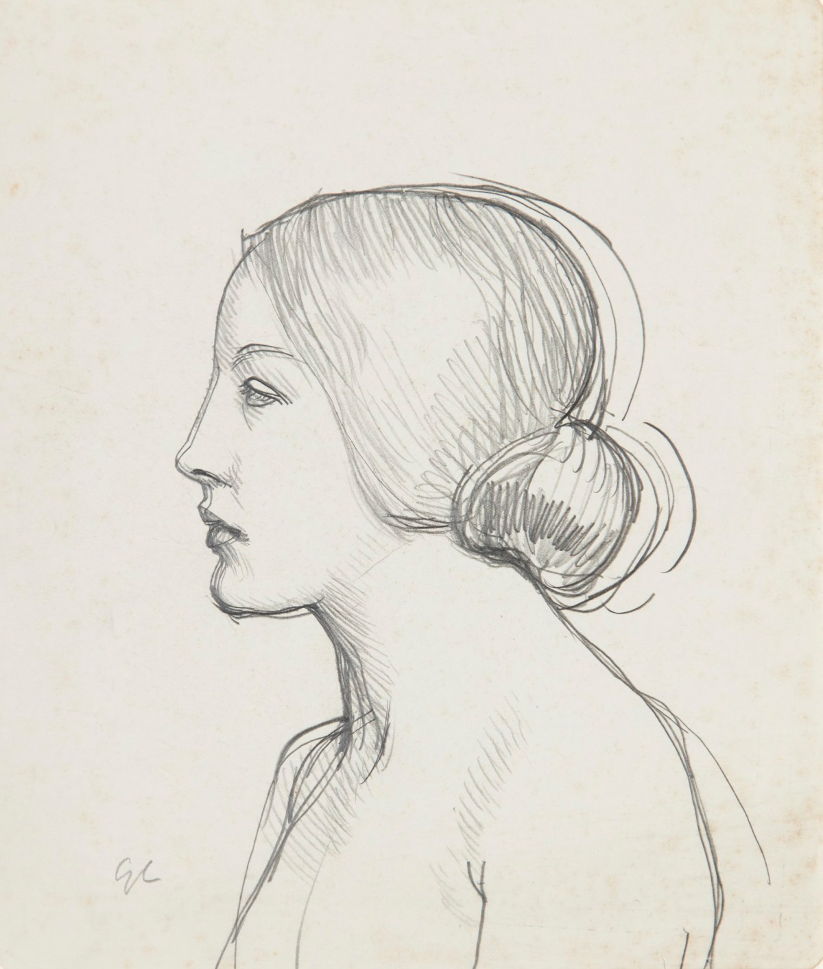 Sir George Clausen RA, Study of the head and shoulders of a woman with her hair in a bun