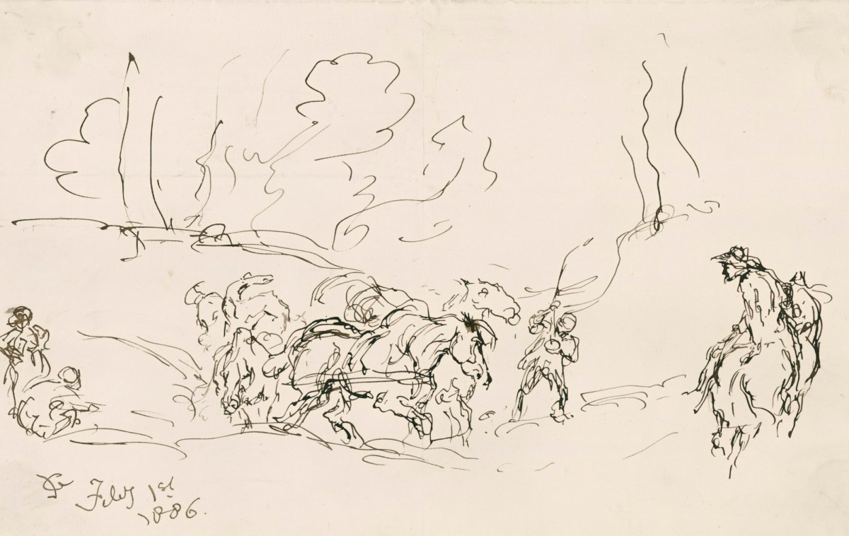 Sir John Gilbert RA, Landscape with figures, possibly for 'The Baggage Wagon'