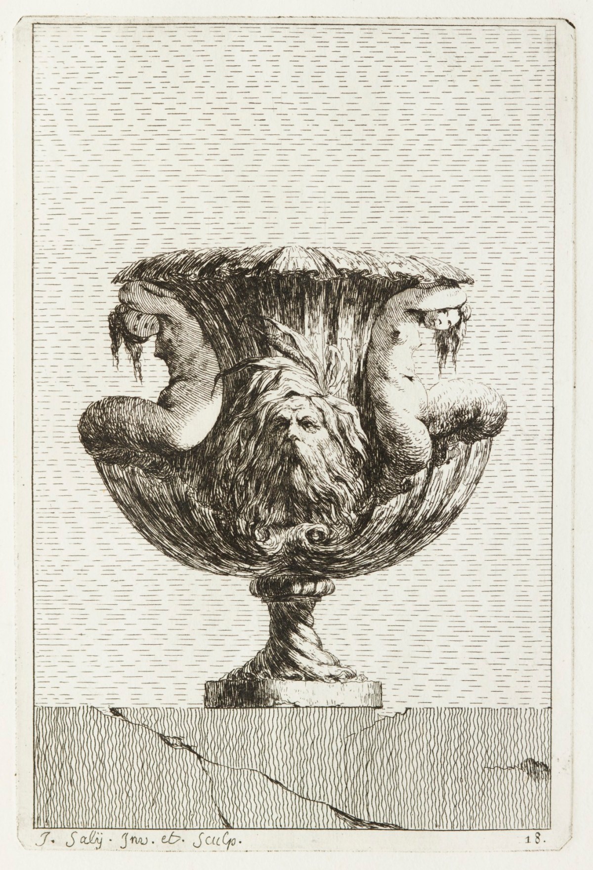 Jacques-François-Joseph Saly, Vase decorated with two tritonesses and satyr mask.