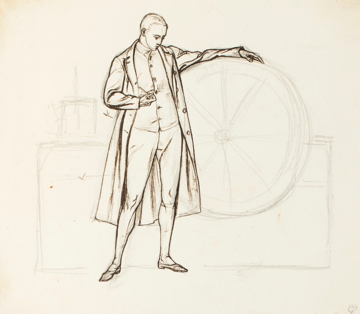 Henry Hugh Armstead RA, Study of a man standing next to a machine with a wheel, for the Albert Hall frieze