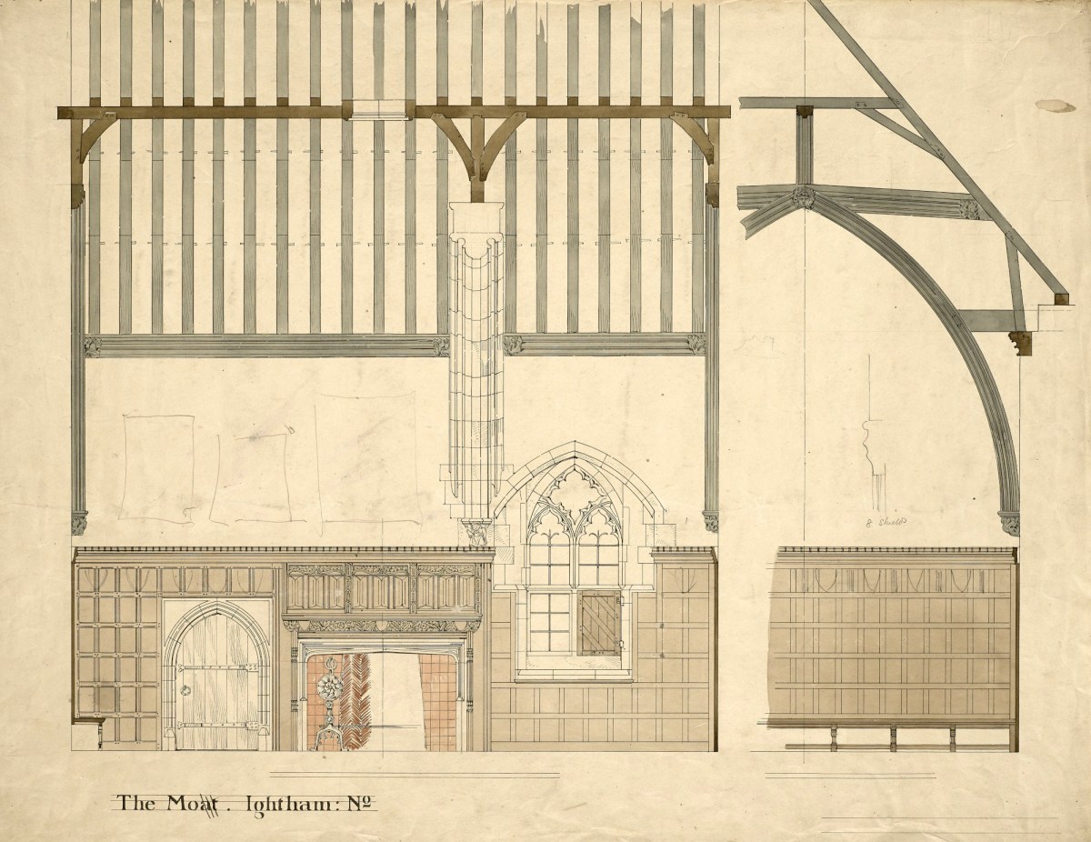 Richard Norman Shaw RA, Design for alterations and additions to hall and lobby, Ightham Mote, Kent: elevations of fireplace wall and end wall