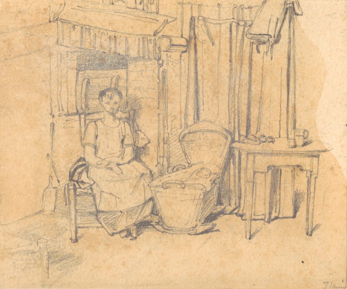 Thomas Uwins RA, A cottage interior with a seated woman and a child in a cot