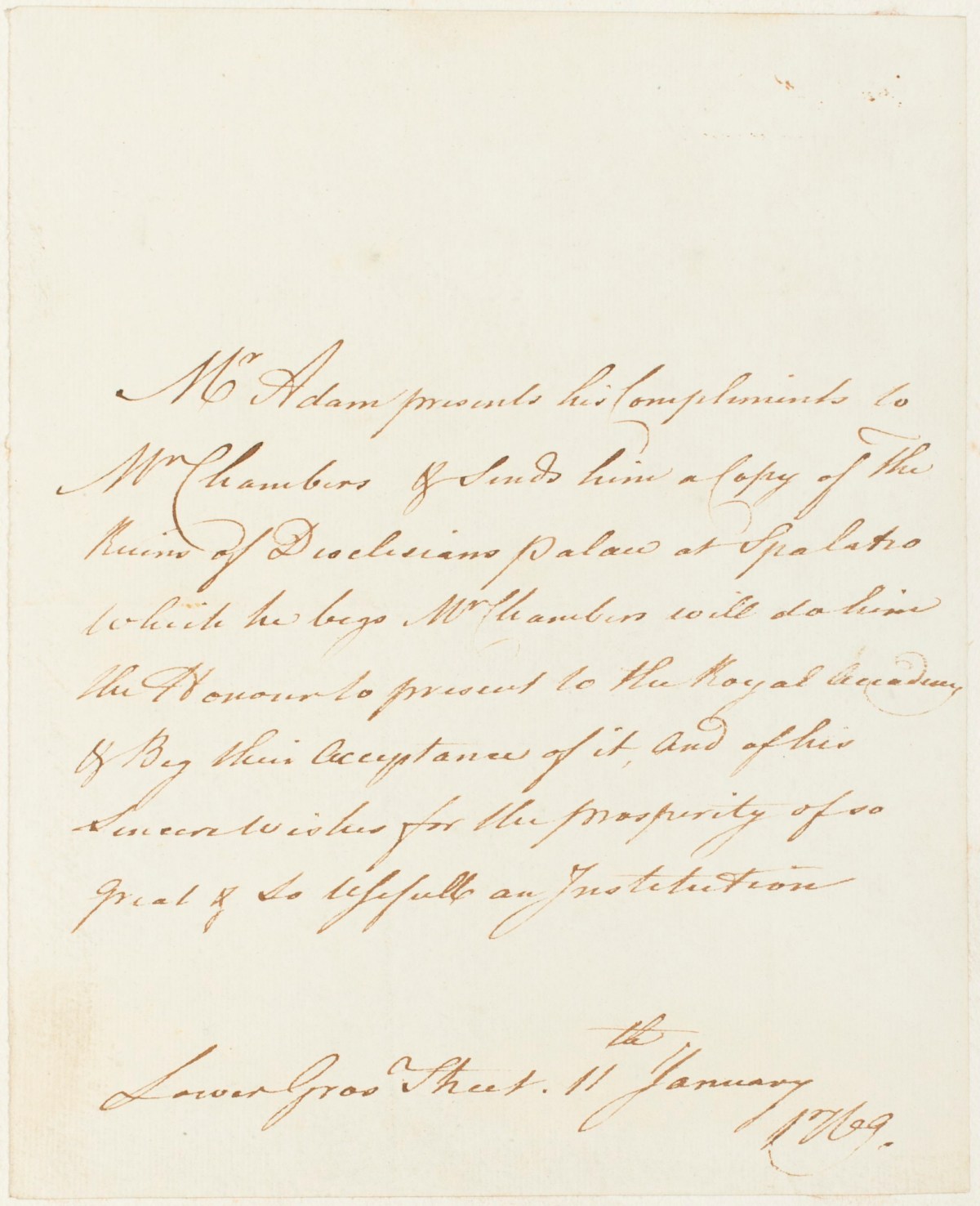 Robert Adam, Autograph letter by Robert Adam, accompanying presentation copy of his Ruins...at Spalatro, 1764