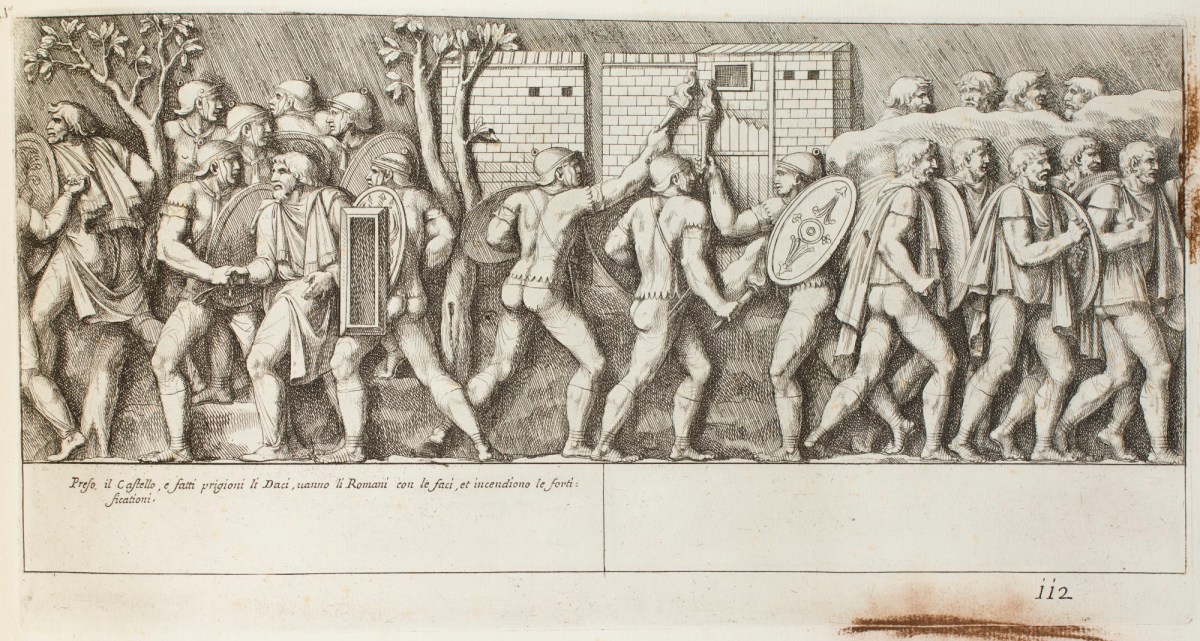 Pietro Santi Bartoli, Plate 112: Roman soldiers setting fire to the Dacian fortifications