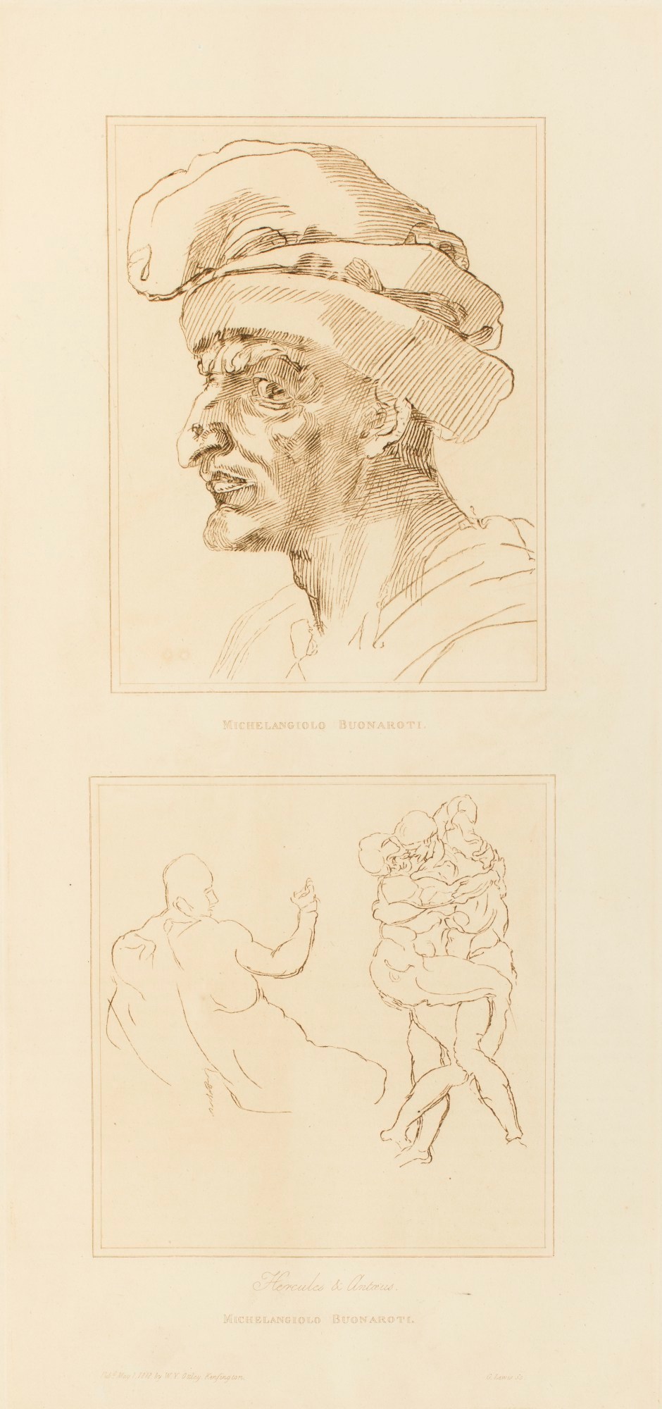 George Robert Lewis, 'Head in profile' and 'Herculed & Antaeus' after two drawings attributed to Michelangelo Buonarroti