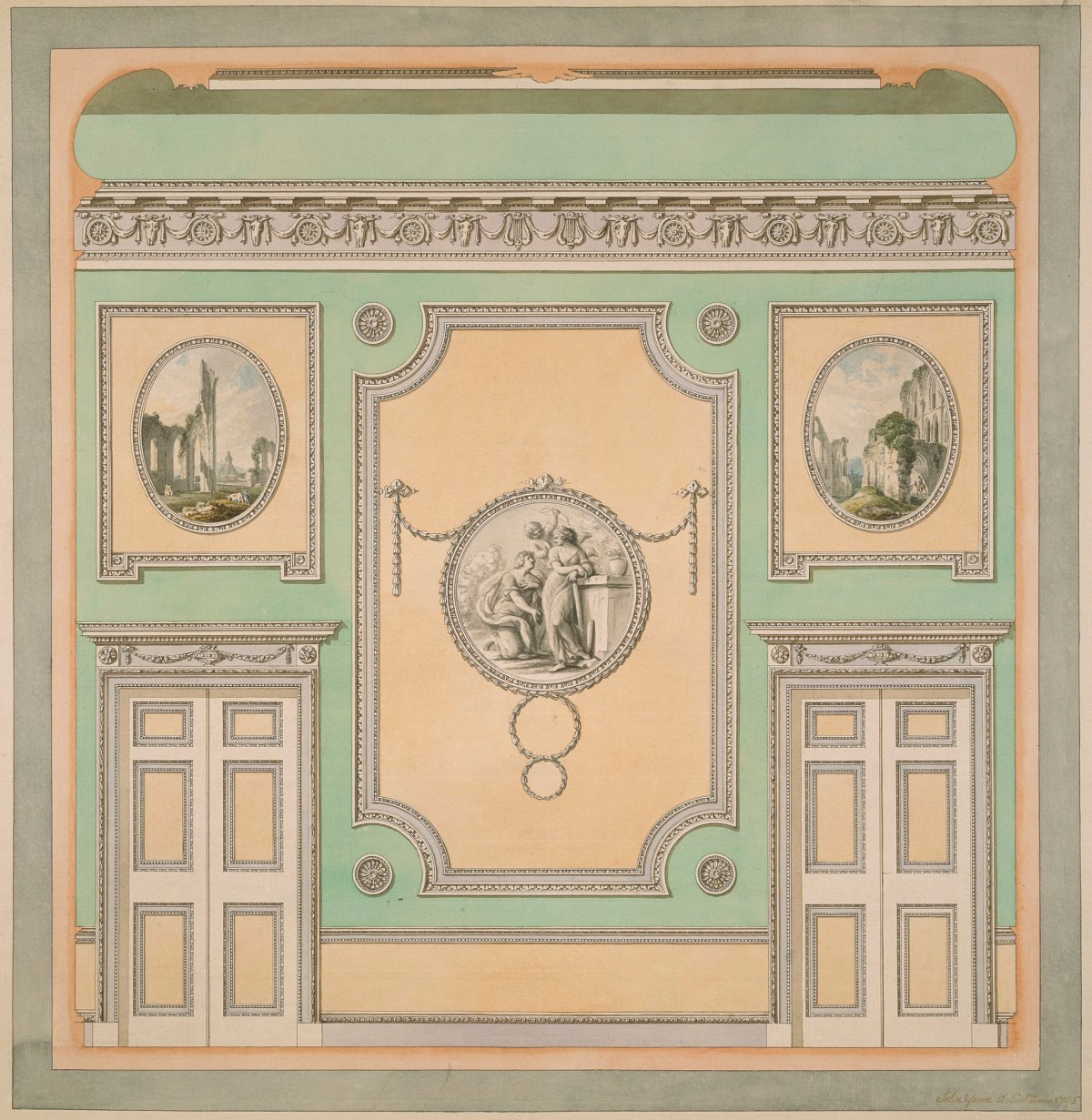 Sir William Chambers RA, Design for wall with two doors, Queen Charlotte's Drawing Room, Windsor Castle, Berkshire: elevation