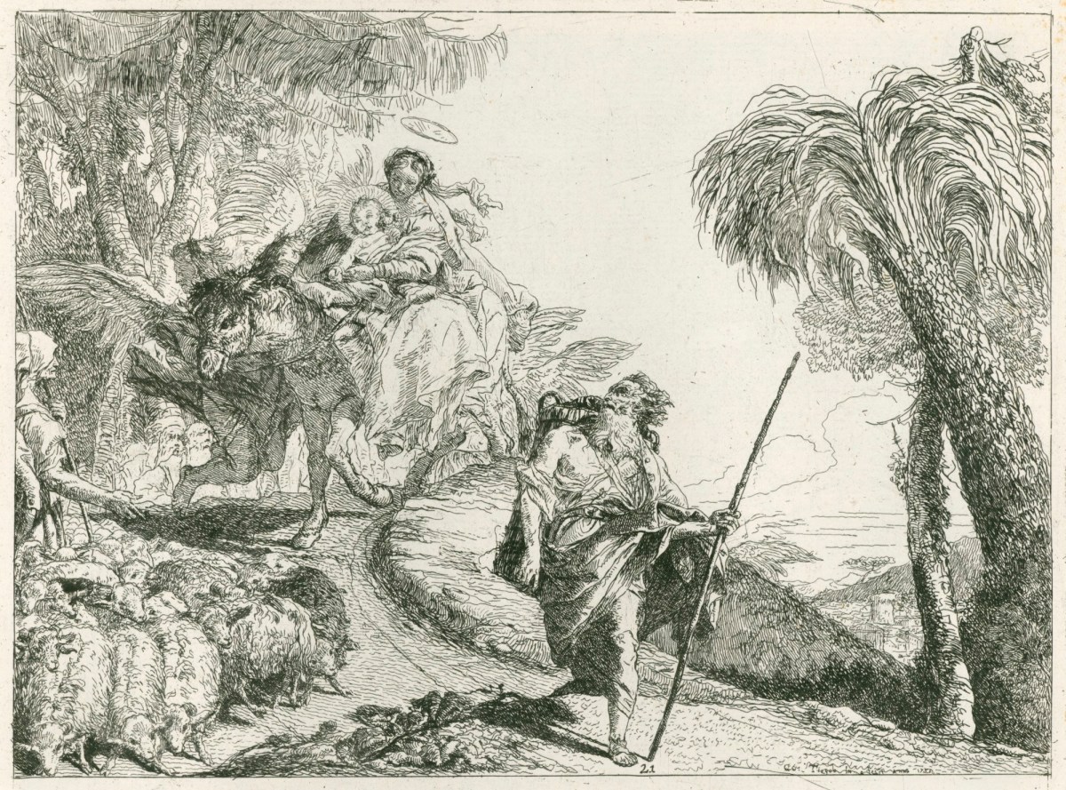 Giandomenico Tiepolo, The Flight into Egypt: The Holy Family descending a forest path