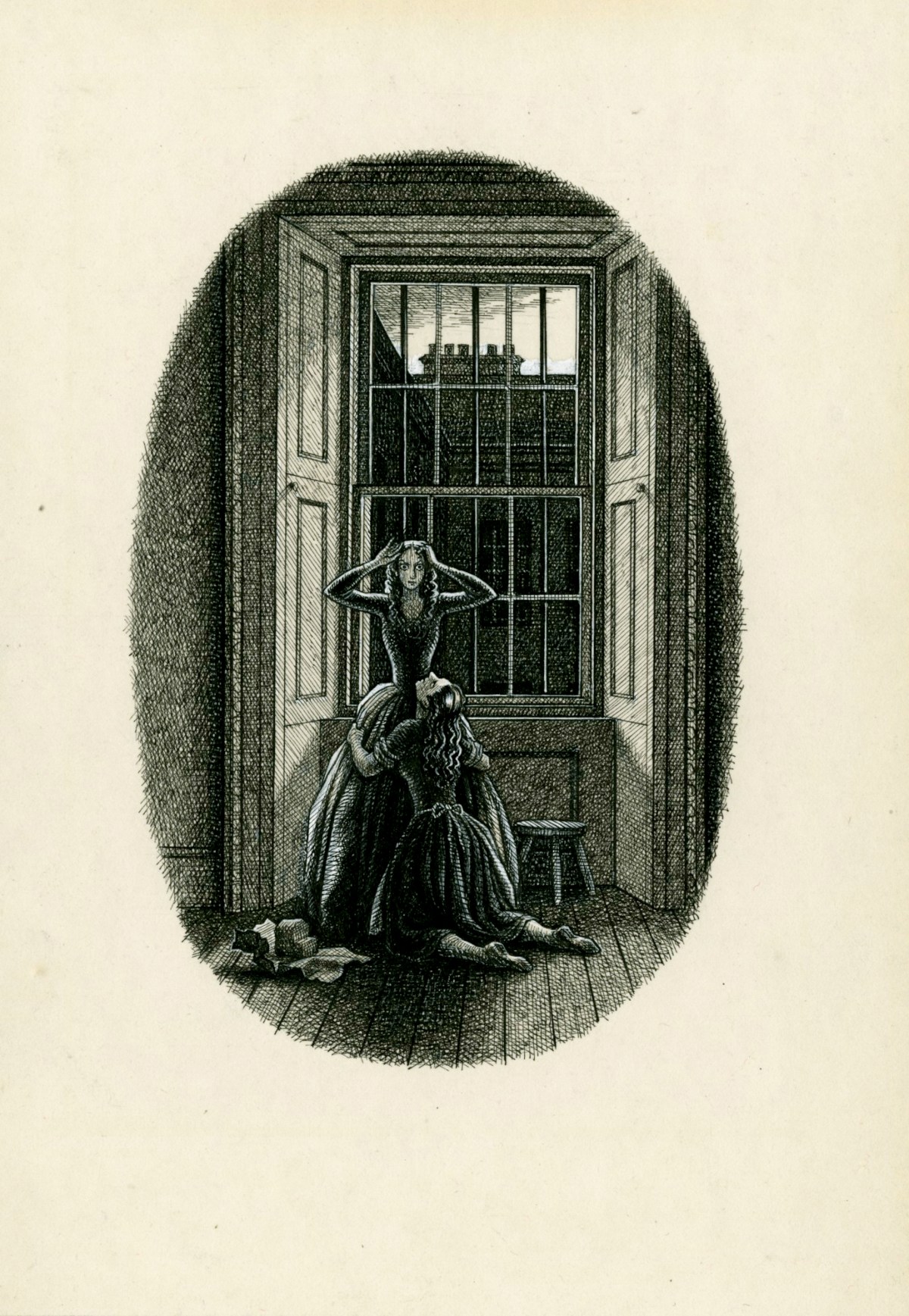 Charles W. Stewart, 'She clasped me round the waist, and buried her face in my dress', illustration for chapter 61 of Uncle Silas