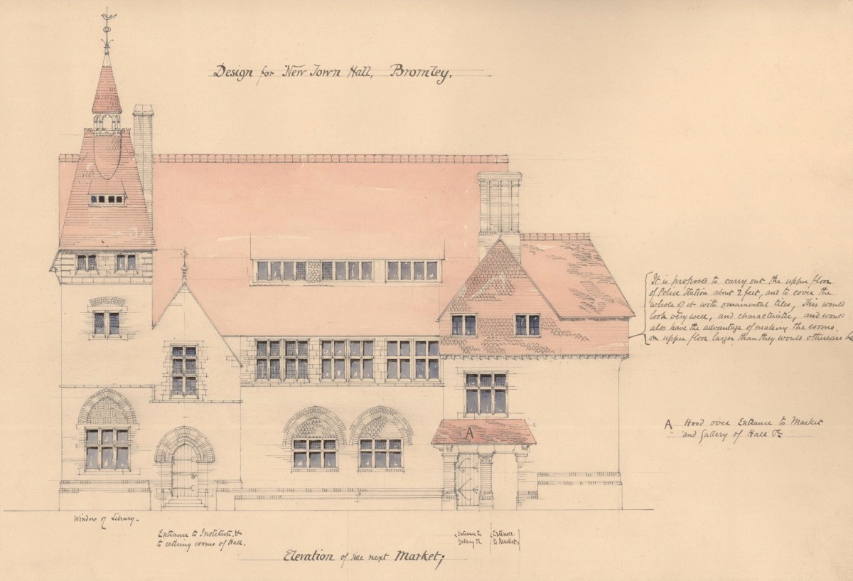 Richard Norman Shaw RA, Unexecuted design for a town hall and police station, Bromley, Kent: elevation of side next to market