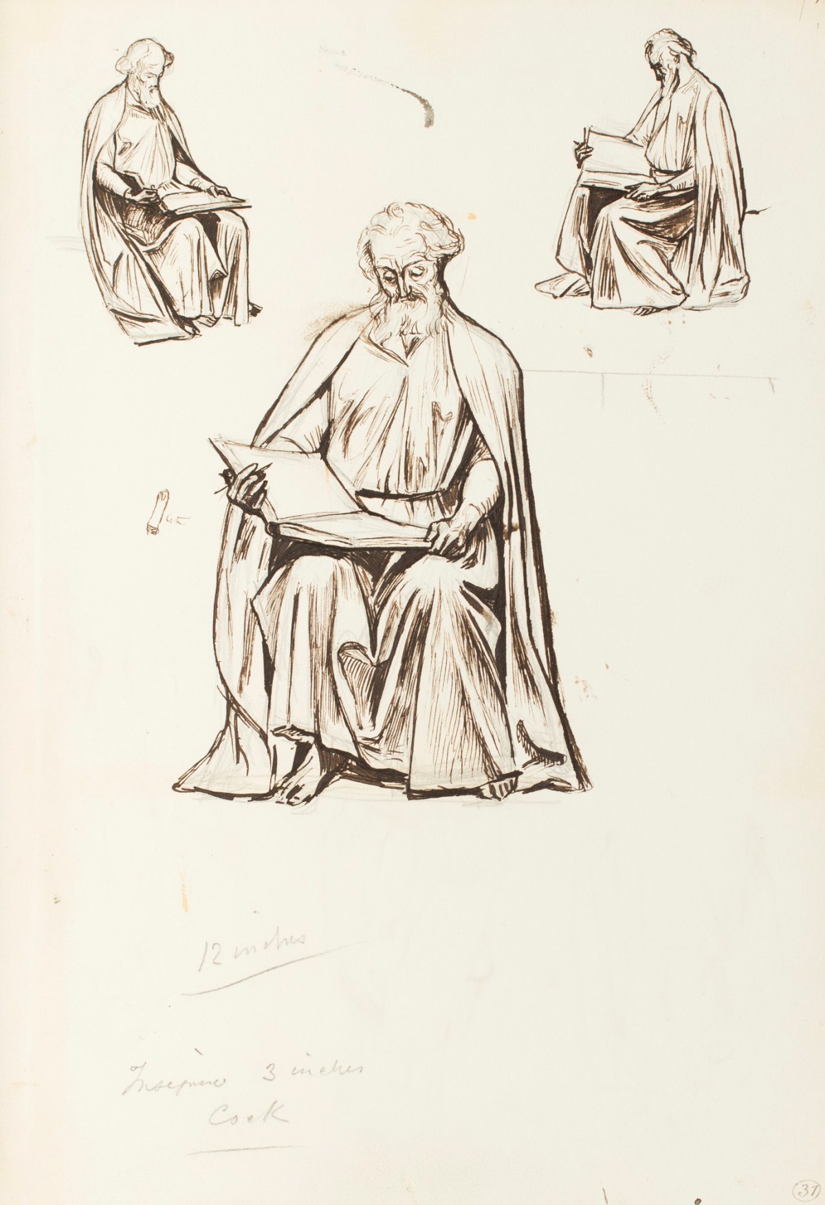 Henry Hugh Armstead RA, Studies of a seated male figure for carvings at Llandaff Cathedral