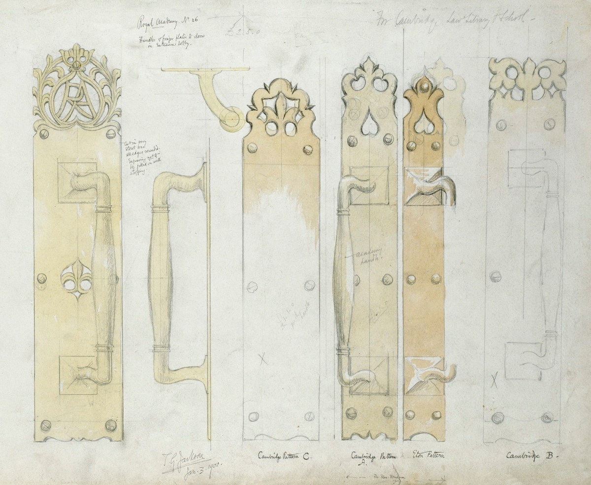 Sir T.G. Jackson Bt. RA, Alternative designs for brass door-handles and finger-plates, Entrance Hall, Royal Academy of Arts, Burlington House, Piccadilly, London W1: full-size elevations, plan and profile