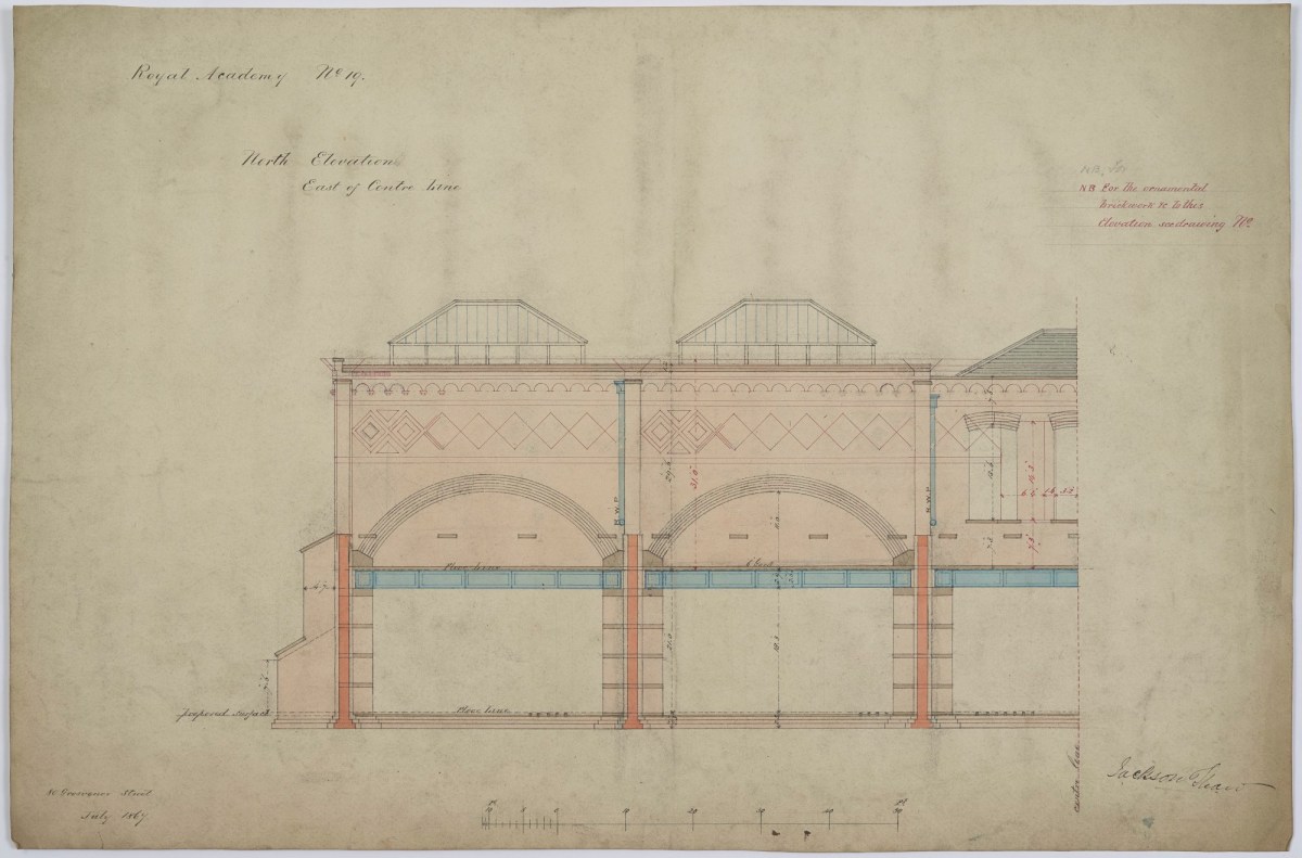 Sydney Smirke RA, Design for Royal Academy Main Exhibition Galleries and Schools building, Burlington House, Piccadilly, Westminster, London: north elevation, eastern half, drawing no.19